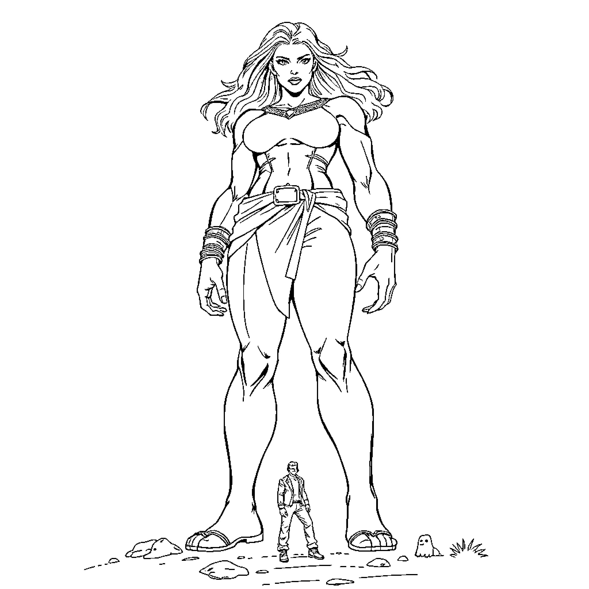 Woman in heroic pose with muscular physique Coloring Page (free black-and-white line drawing printable PDF for all, from beginners to advanced learners, including children, teens, adults, and seniors)