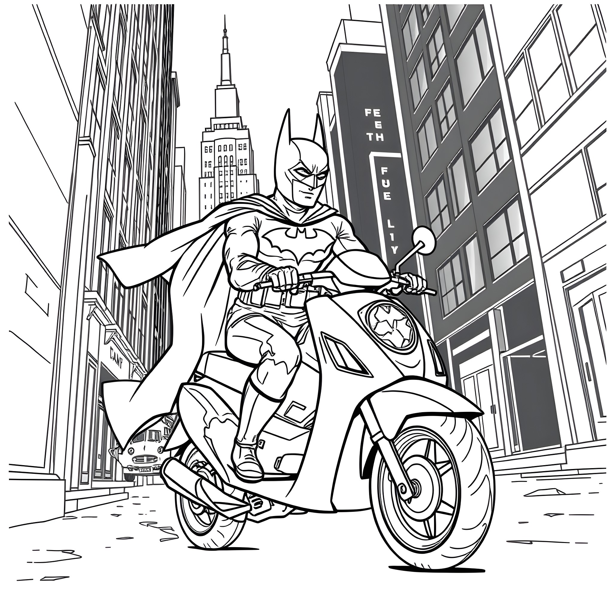 Batman riding motorcycle in city streets Coloring Page (free black-and-white line drawing printable PDF for all, from beginners to advanced learners, including children, teens, adults, and seniors)