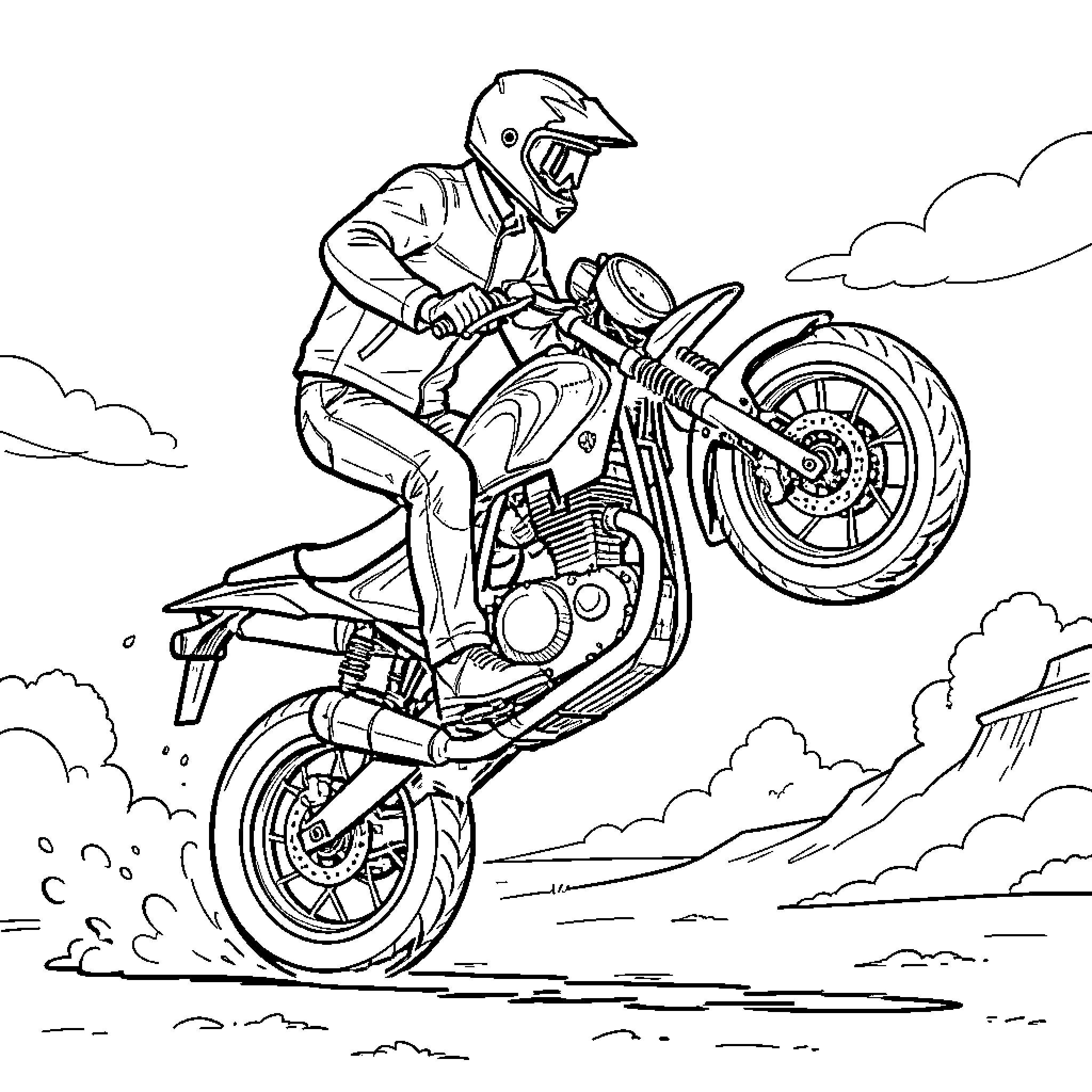 Biker performing a wheelie on a motorcycle Coloring Page (free black-and-white line drawing printable PDF for all, from beginners to advanced learners, including children, teens, adults, and seniors)