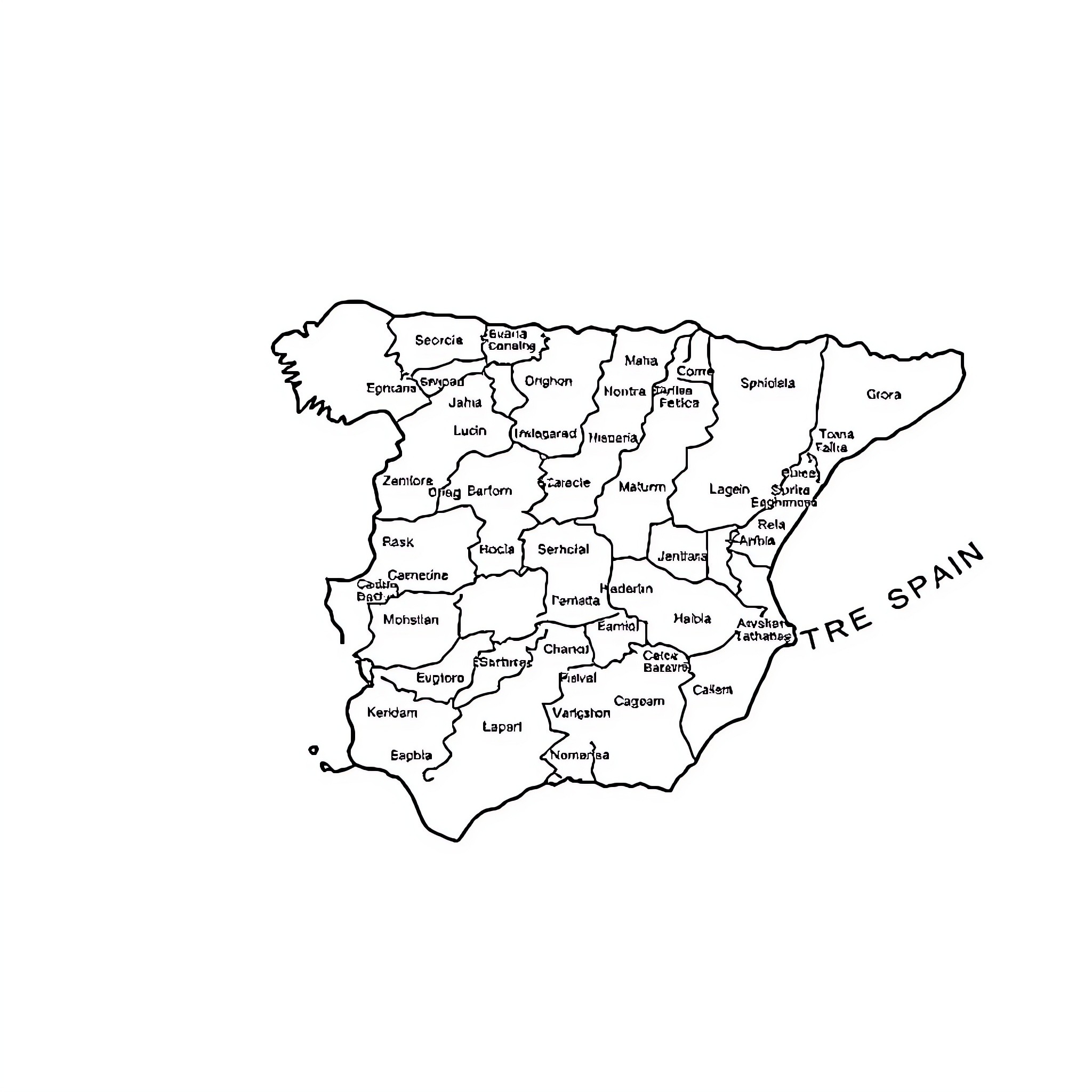 Spain's administrative regions and major cities outlined Coloring Page (free black-and-white line drawing printable PDF for all, from beginners to advanced learners, including children, teens, adults, and seniors)
