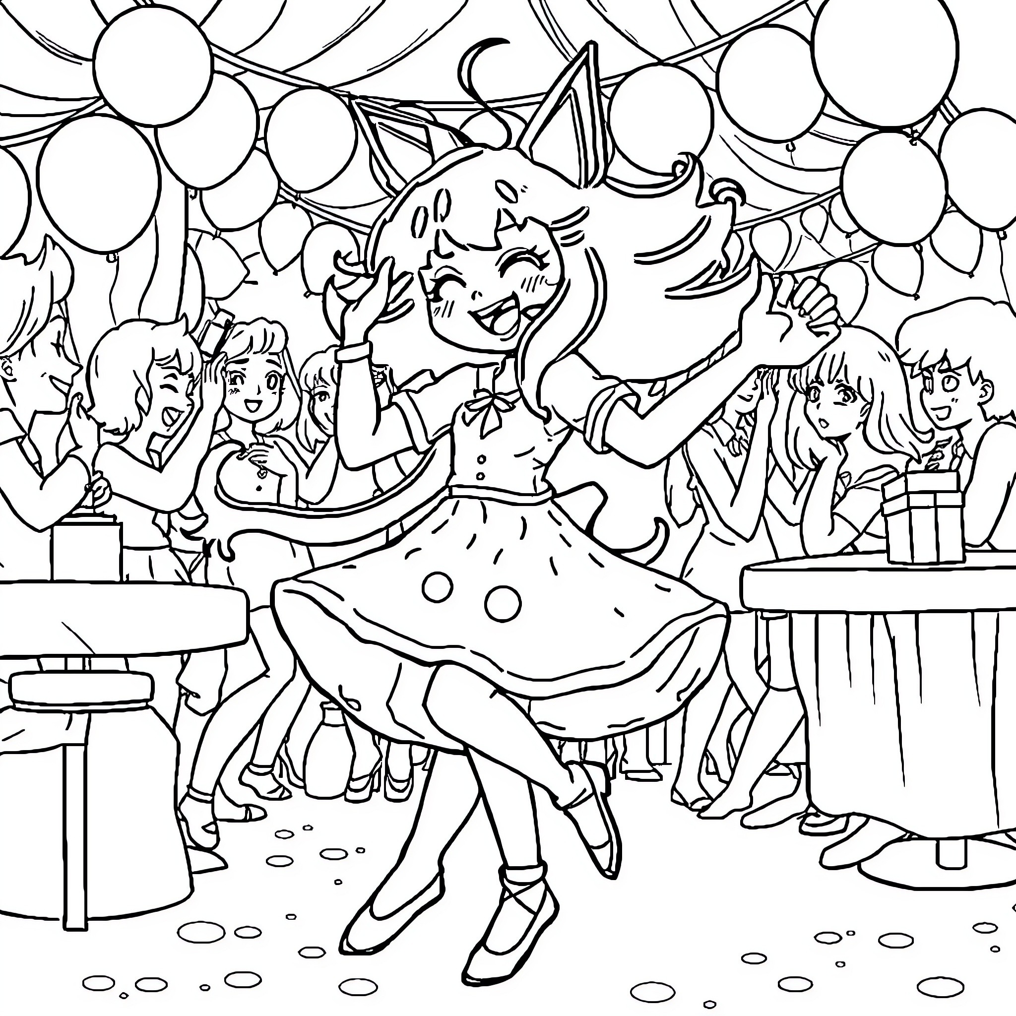 Kuromi enjoying a lively party with friends Coloring Page (free black-and-white line drawing printable PDF for all, from beginners to advanced learners, including children, teens, adults, and seniors)