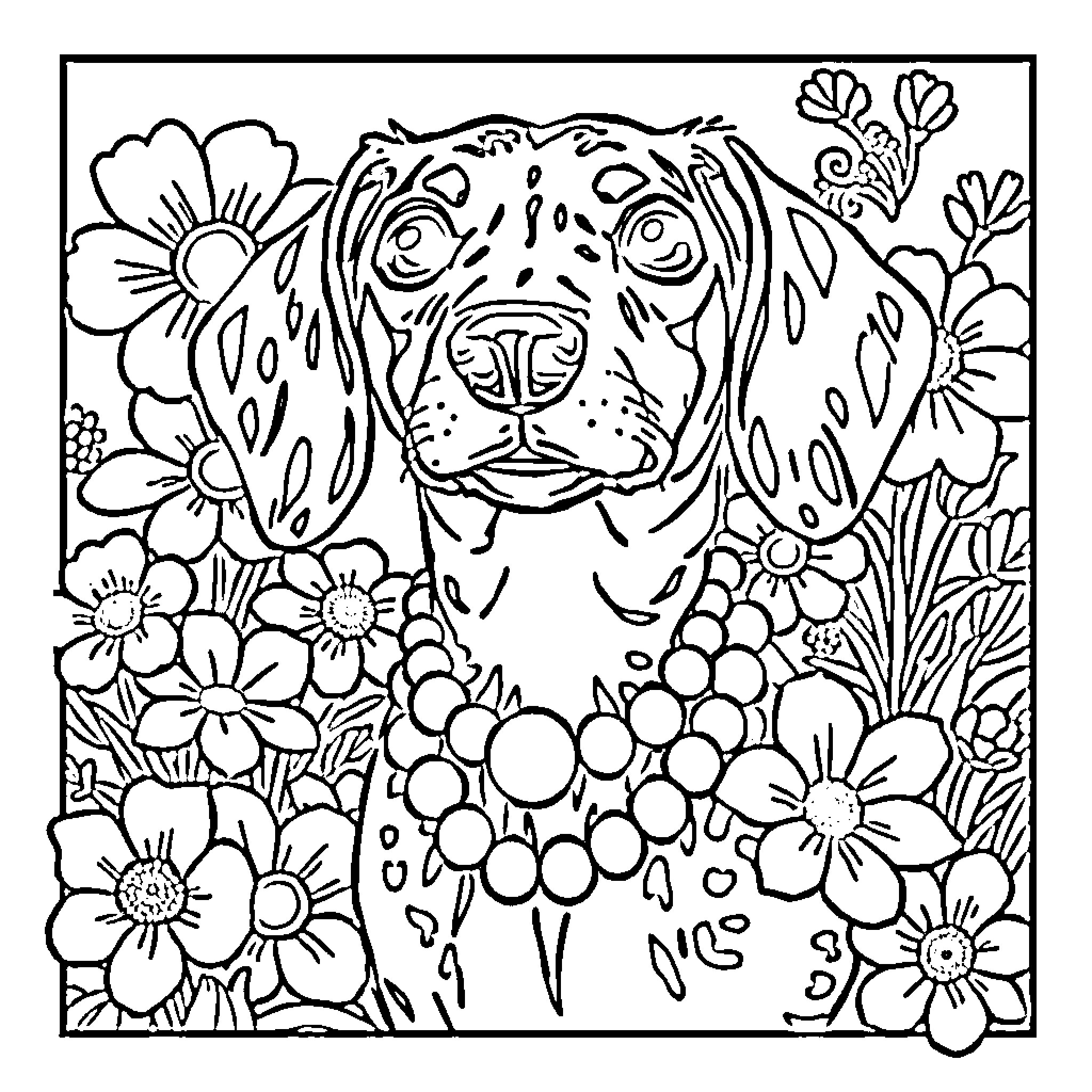 Dachshund surrounded by vibrant floral scene Coloring Page (free black-and-white line drawing printable PDF for all, from beginners to advanced learners, including children, teens, adults, and seniors)