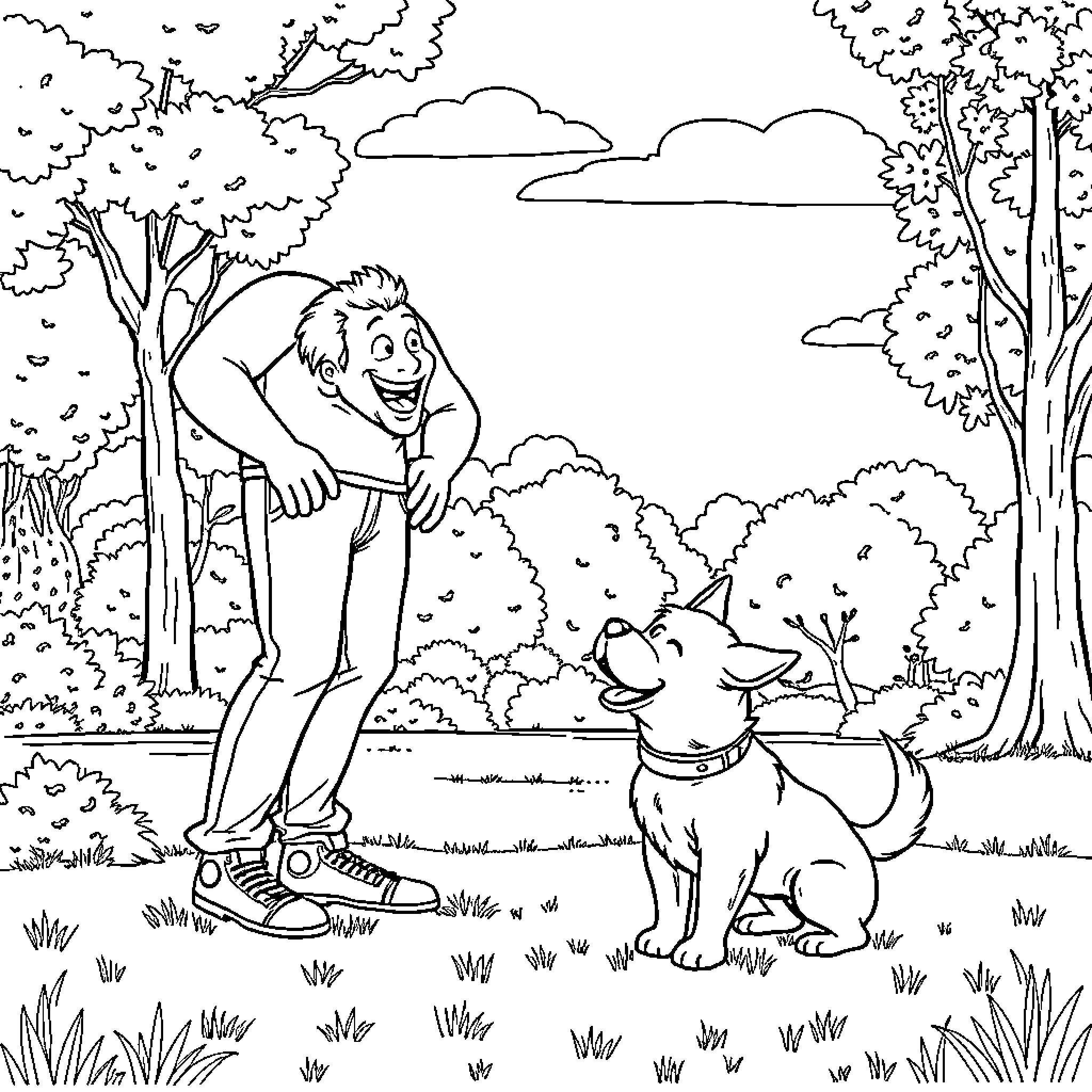 Man interacting playfully with dog in park Coloring Page (free black-and-white line drawing printable PDF for all, from beginners to advanced learners, including children, teens, adults, and seniors)