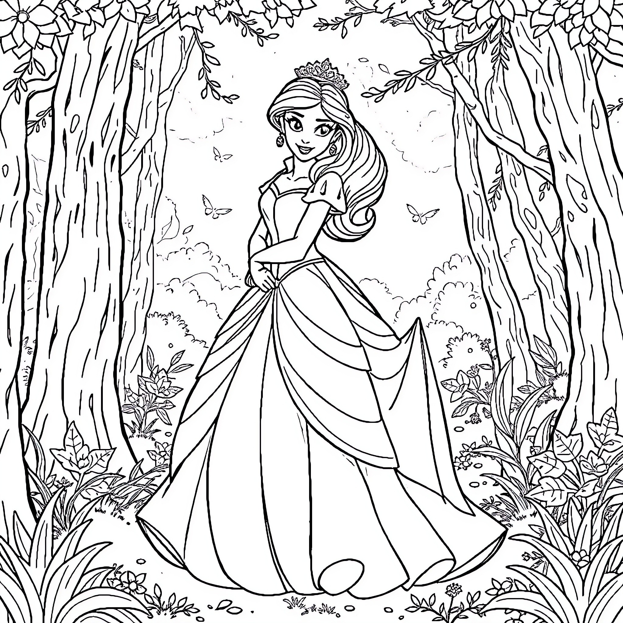 Disney Princess Exploring Enchanted Forest Coloring Page (free black-and-white line drawing printable PDF for all, from beginners to advanced learners, including children, teens, adults, and seniors)
