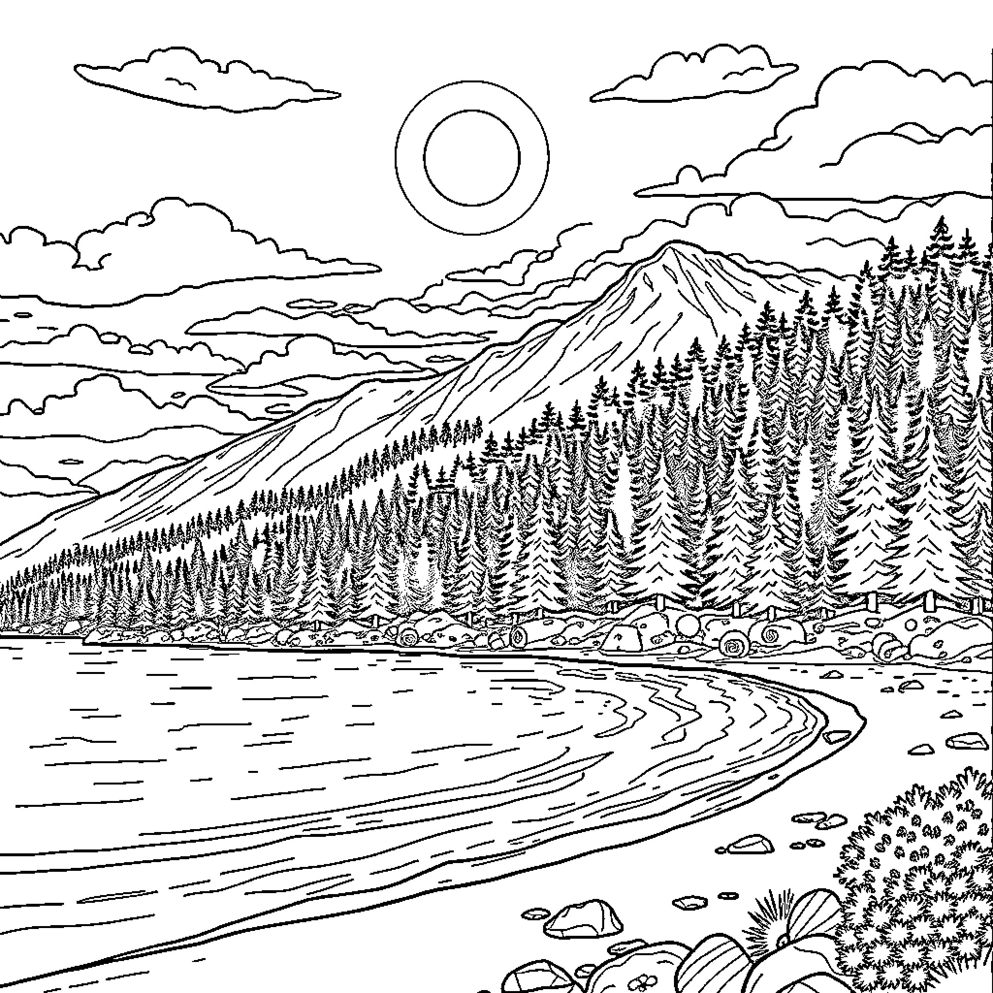 Mountain landscape with forests and lake Coloring Page (free black-and-white line drawing printable PDF for all, from beginners to advanced learners, including children, teens, adults, and seniors)