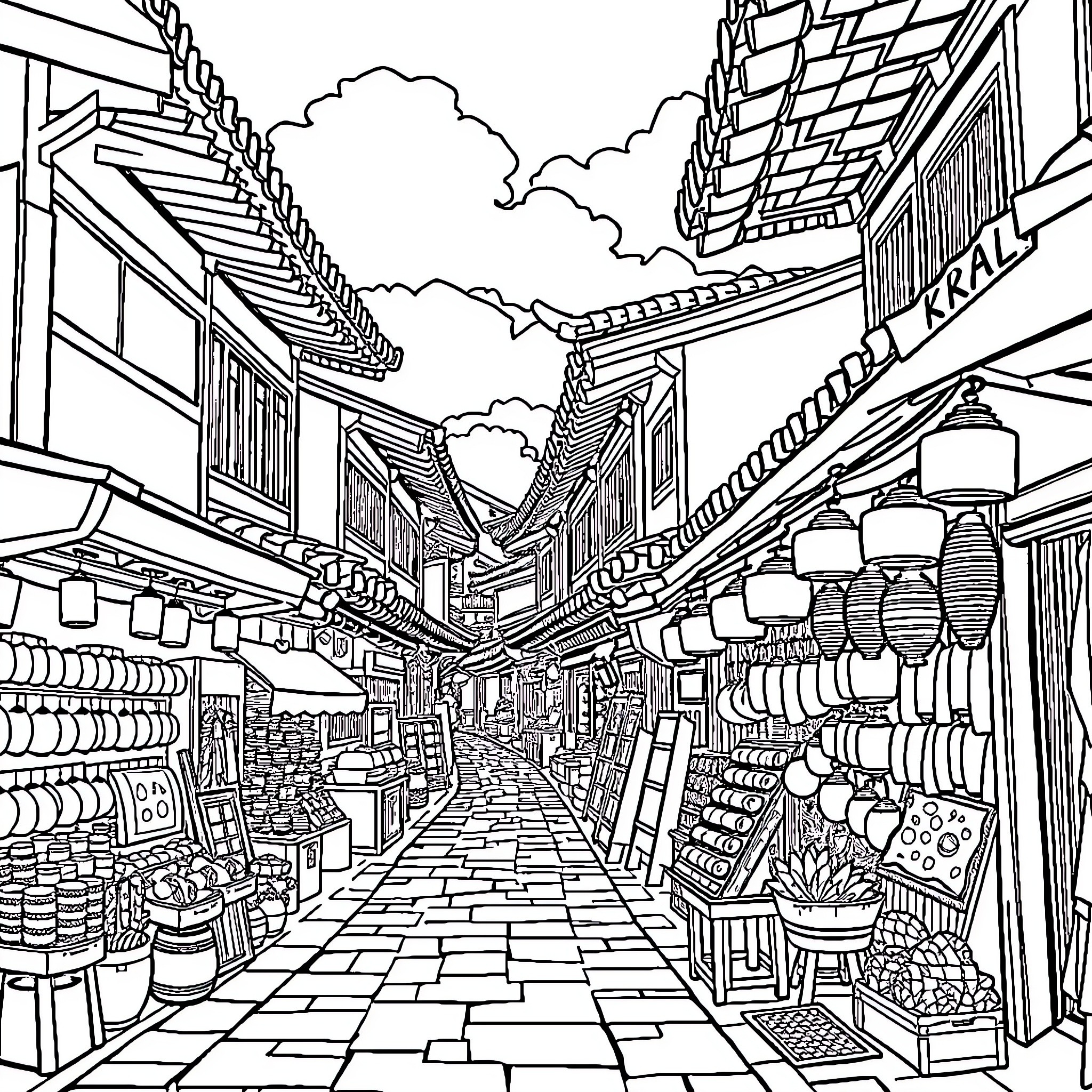 Korean Traditional Street with Bustling Market and Shops Coloring Page (free black-and-white line drawing printable PDF for all, from beginners to advanced learners, including children, teens, adults, and seniors)