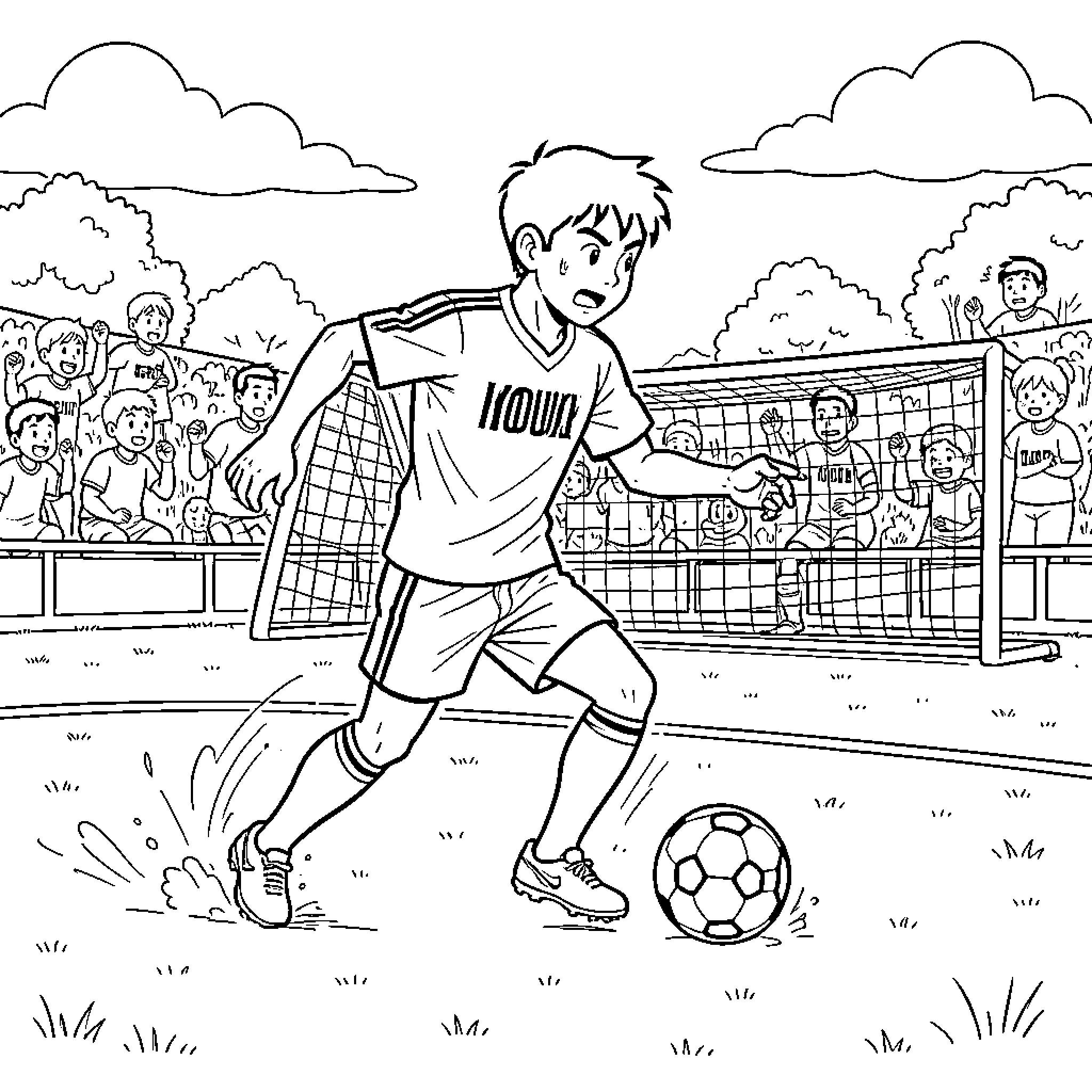 Sangoku playing soccer with intensity during a match Coloring Page (free black-and-white line drawing printable PDF for all, from beginners to advanced learners, including children, teens, adults, and seniors)