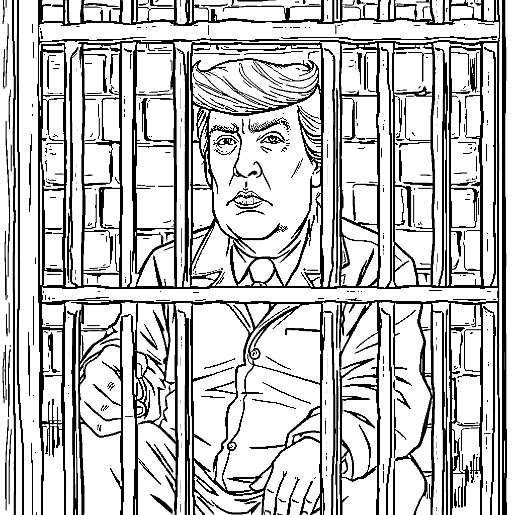 Trump Behind Bars: A Somber Scene Coloring Page (free black-and-white line drawing printable PDF for all, from beginners to advanced learners, including children, teens, adults, and seniors)