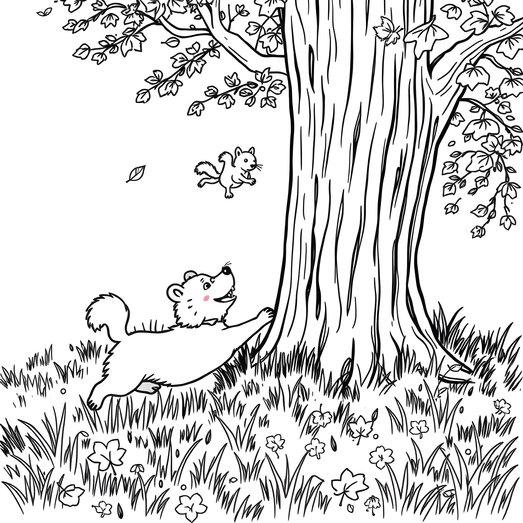 Bear exploring the forest with squirrels Coloring Page (free black-and-white line drawing printable PDF for all, from beginners to advanced learners, including children, teens, adults, and seniors)