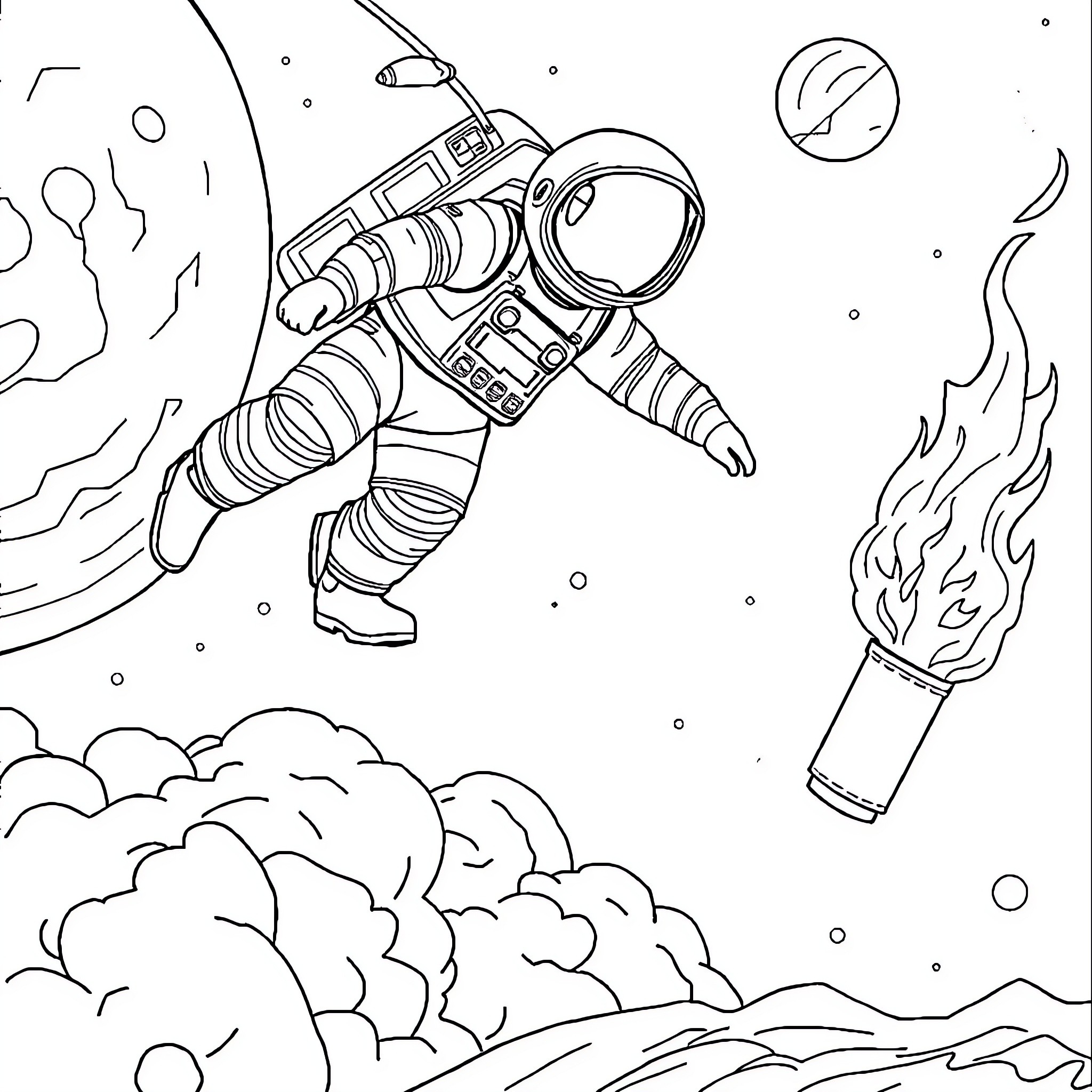Astronaut floating in outer space with jetpack Coloring Page (free black-and-white line drawing printable PDF for all, from beginners to advanced learners, including children, teens, adults, and seniors)