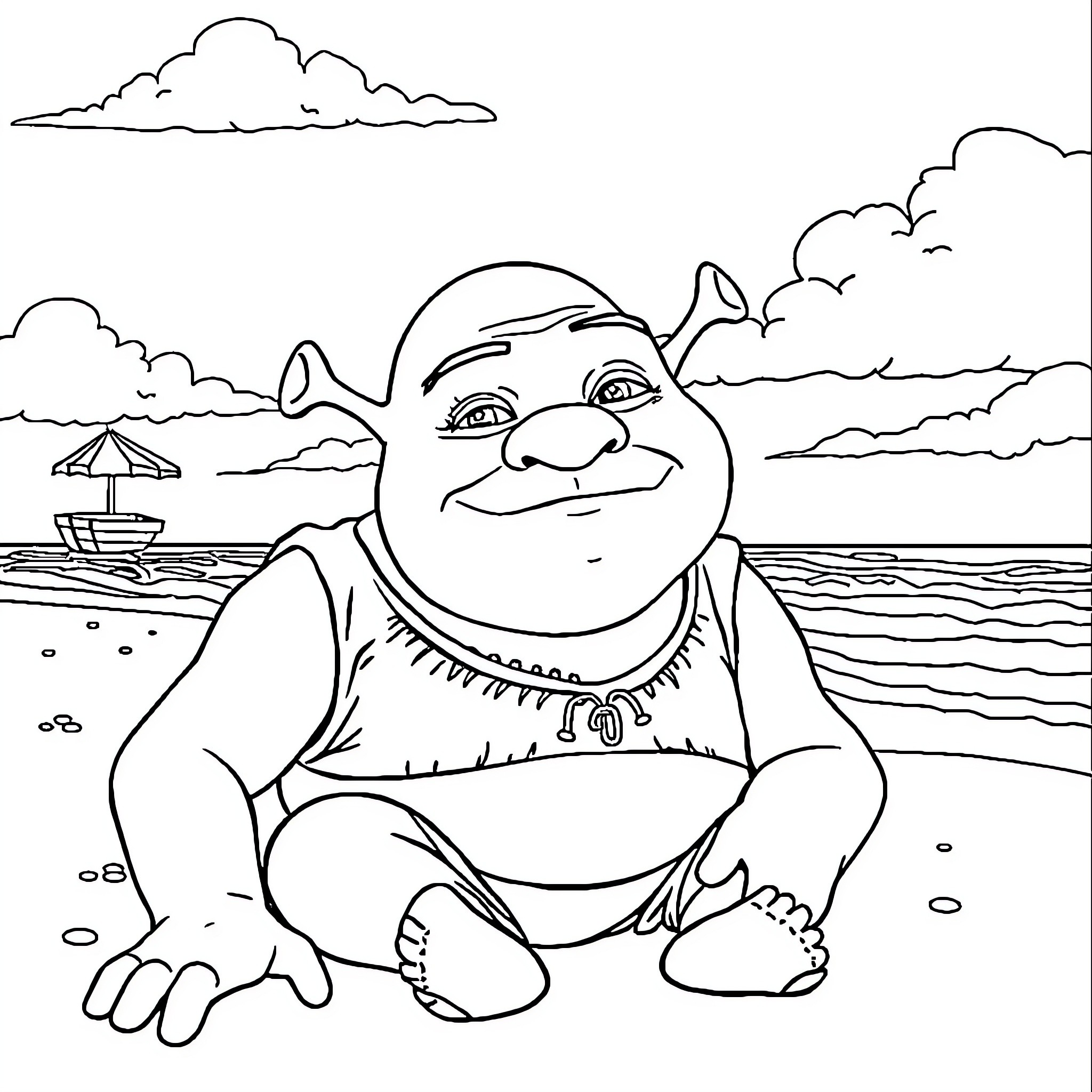 Shrek relaxing on the beach Coloring Page (free black-and-white line drawing printable PDF for all, from beginners to advanced learners, including children, teens, adults, and seniors)