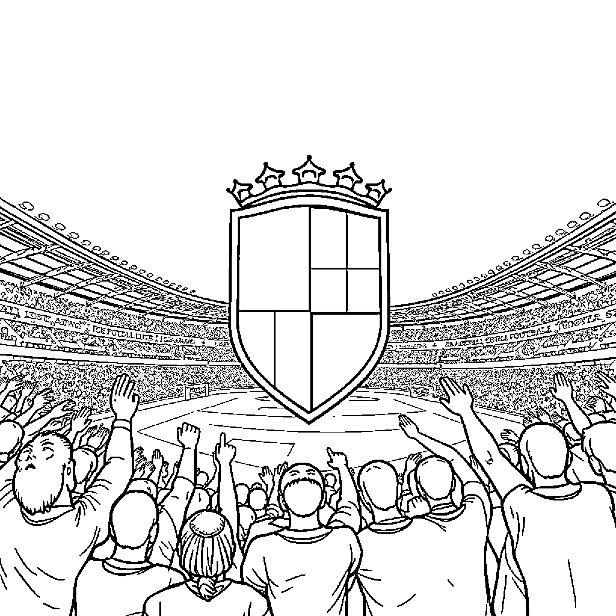 Football Club Fans Cheering and Celebrating in Stadium Coloring Page (free black-and-white line drawing printable PDF for all, from beginners to advanced learners, including children, teens, adults, and seniors)