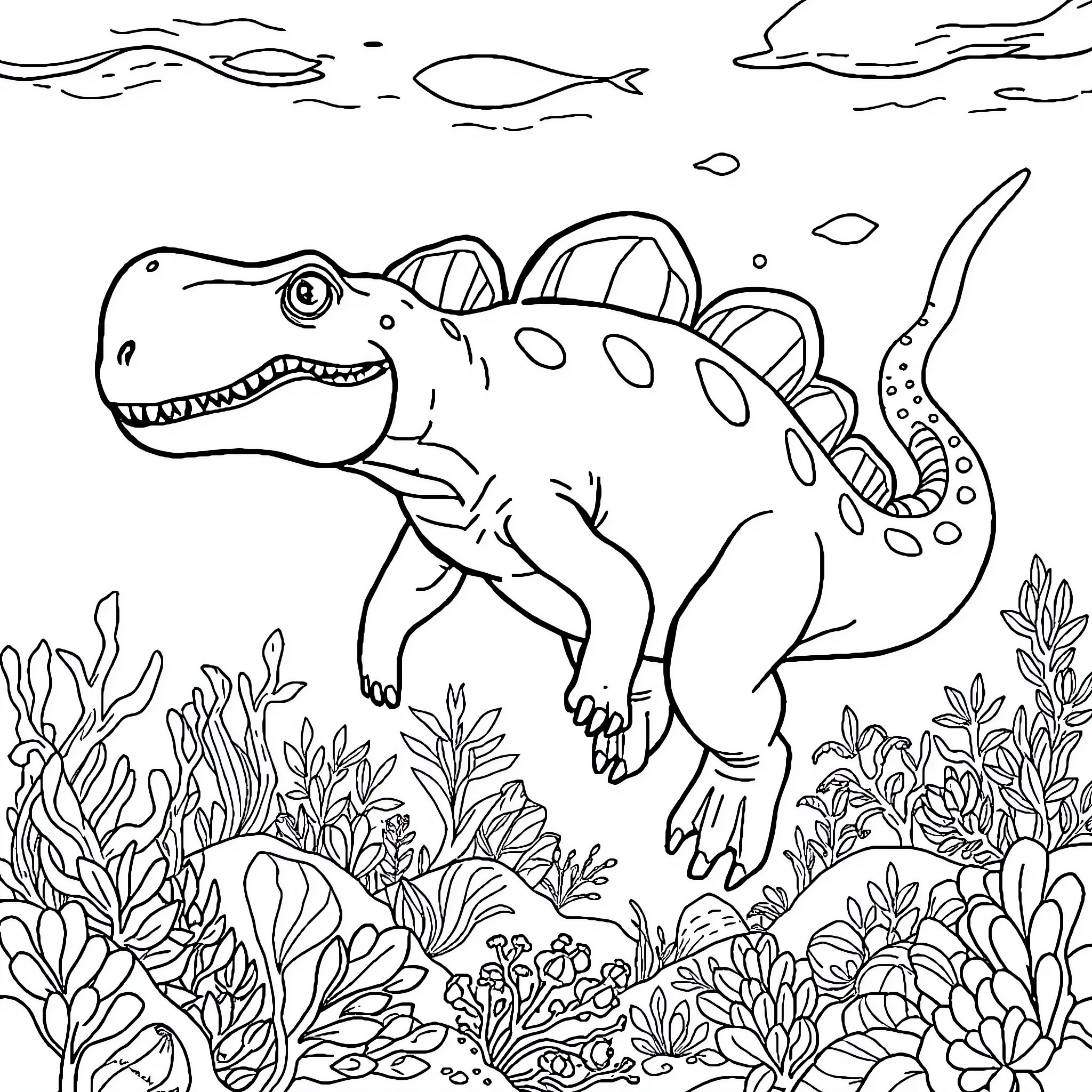Cétosaurus exploring underwater marine life Coloring Page (free black-and-white line drawing printable PDF for all, from beginners to advanced learners, including children, teens, adults, and seniors)