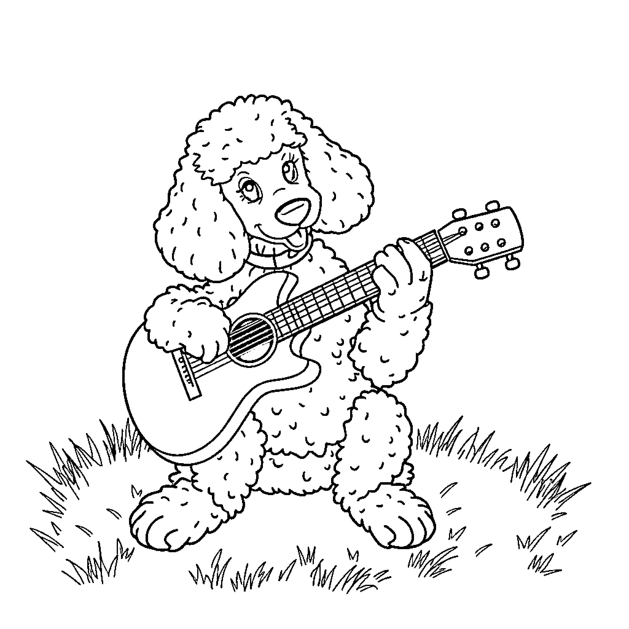 Poodle playing guitar in the meadow Coloring Page (free black-and-white line drawing printable PDF for all, from beginners to advanced learners, including children, teens, adults, and seniors)