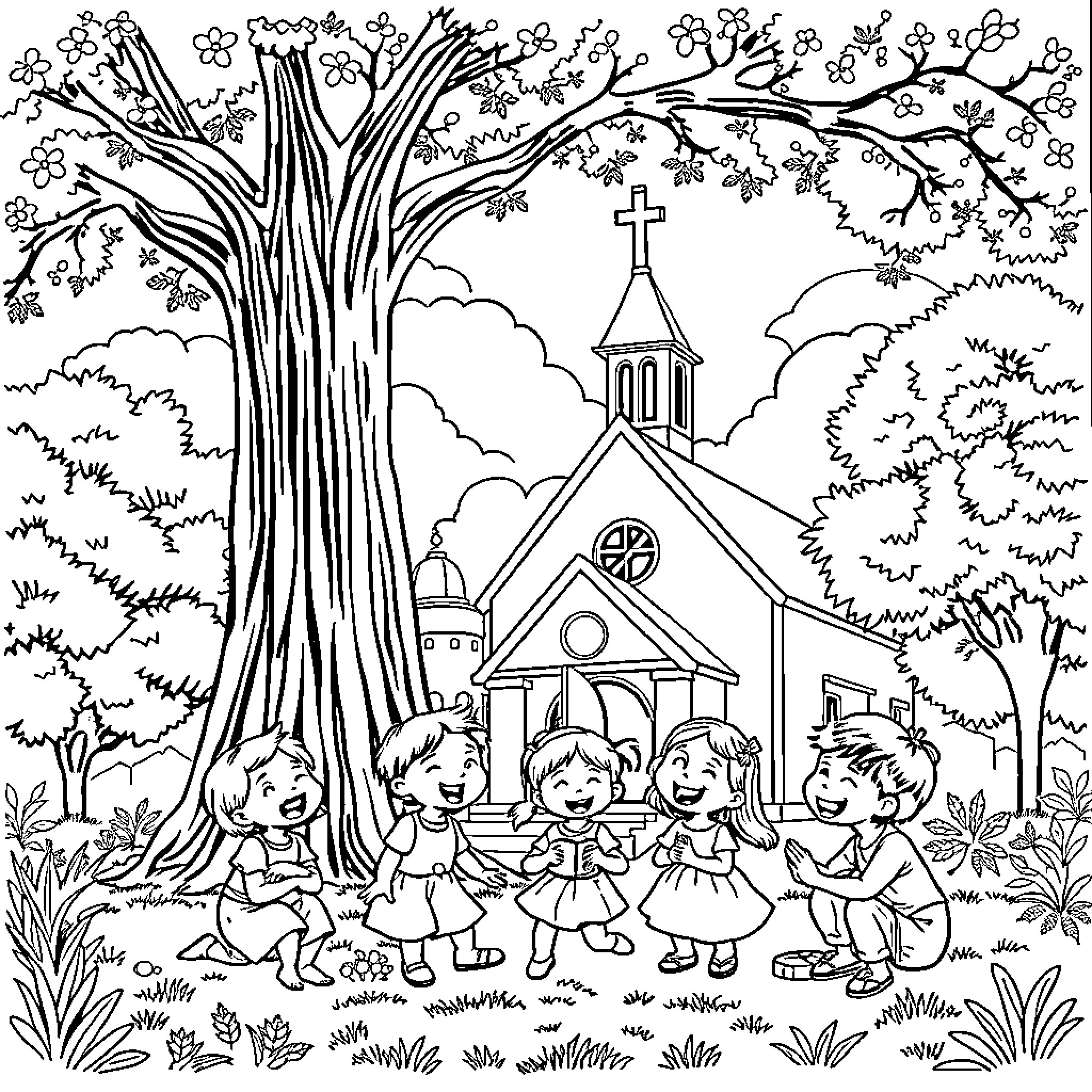 Child playing near a church in the park Coloring Page (free black-and-white line drawing printable PDF for all, from beginners to advanced learners, including children, teens, adults, and seniors)