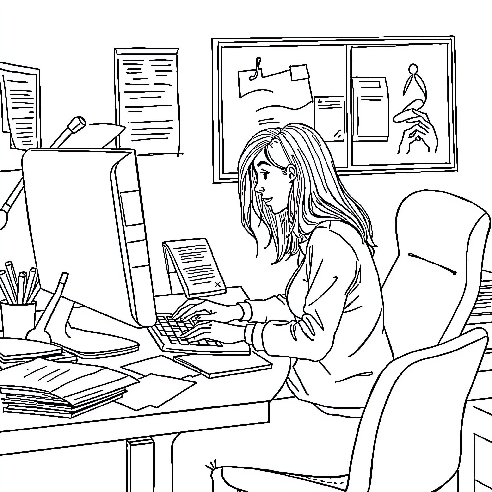 Work Diligently at the Office Desk Coloring Page (free black-and-white line drawing printable PDF for all, from beginners to advanced learners, including children, teens, adults, and seniors)