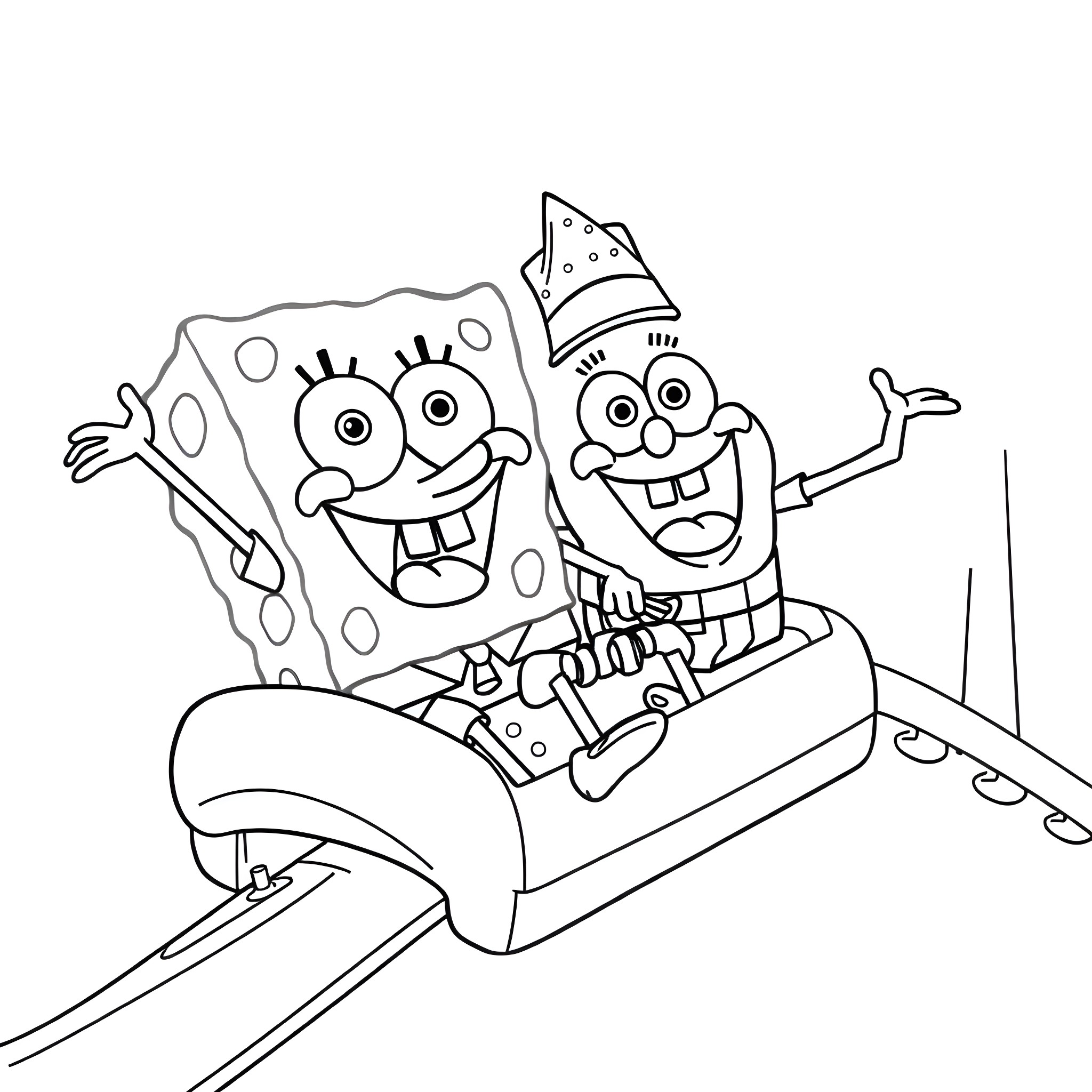 Spongebob and Patrick riding an exciting roller coaster Coloring Page (free black-and-white line drawing printable PDF for all, from beginners to advanced learners, including children, teens, adults, and seniors)