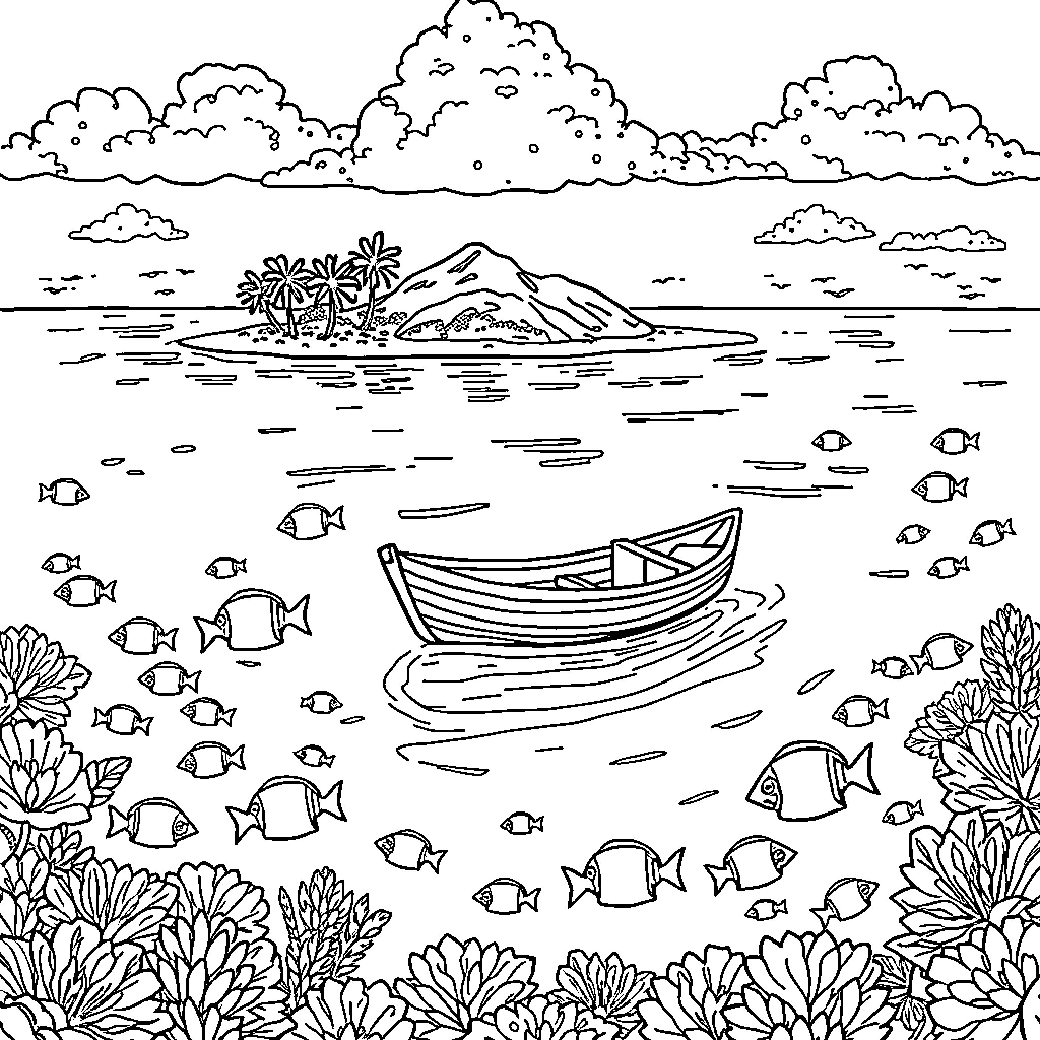 Fish swimming in the ocean near a boat and island Coloring Page (free black-and-white line drawing printable PDF for all, from beginners to advanced learners, including children, teens, adults, and seniors)