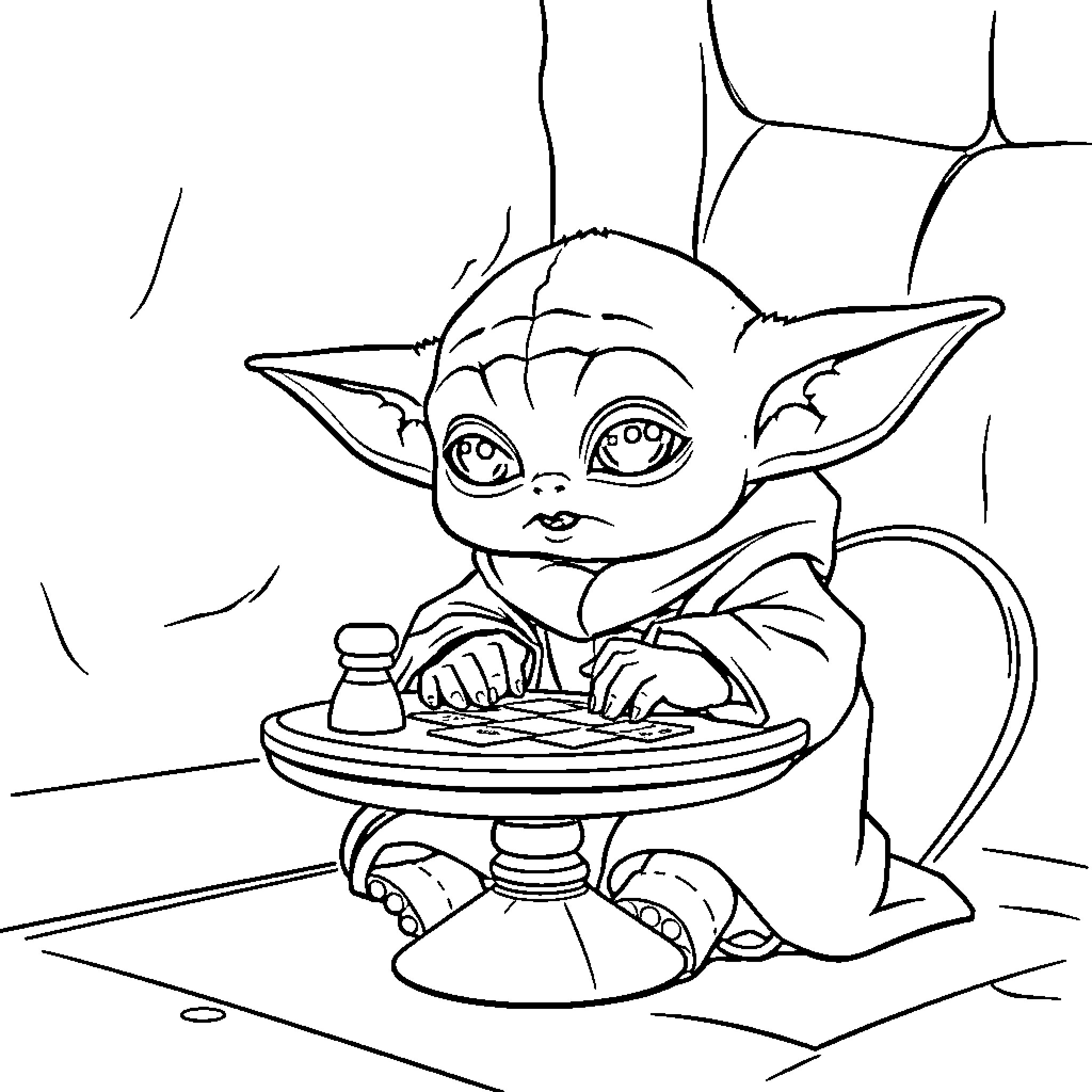 Baby Yoda playing chess on a pedestal Coloring Page (free black-and-white line drawing printable PDF for all, from beginners to advanced learners, including children, teens, adults, and seniors)