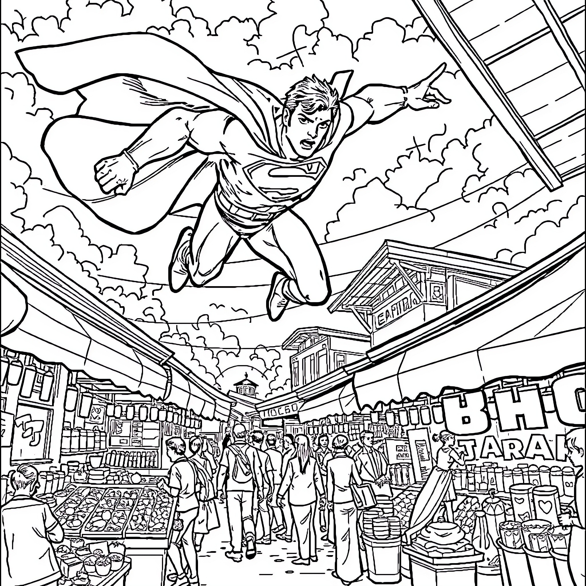 Superman soaring above the bustling city Coloring Page (free black-and-white line drawing printable PDF for all, from beginners to advanced learners, including children, teens, adults, and seniors)