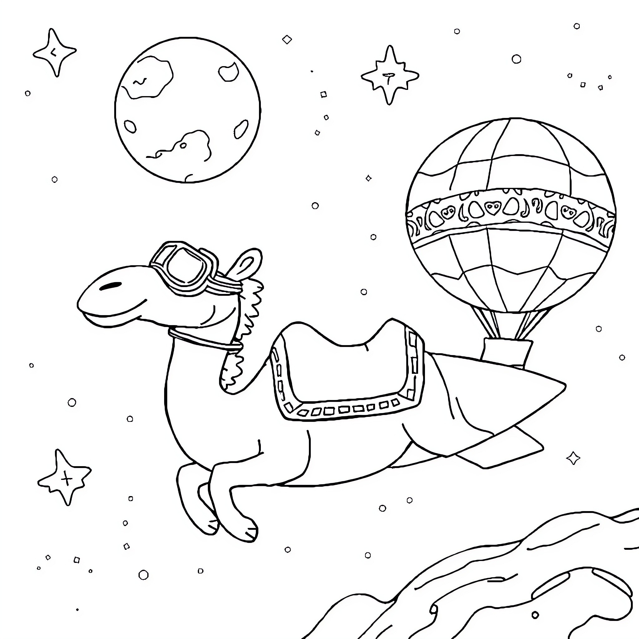Camel riding a hot air balloon in the starry night sky Coloring Page (free black-and-white line drawing printable PDF for all, from beginners to advanced learners, including children, teens, adults, and seniors)