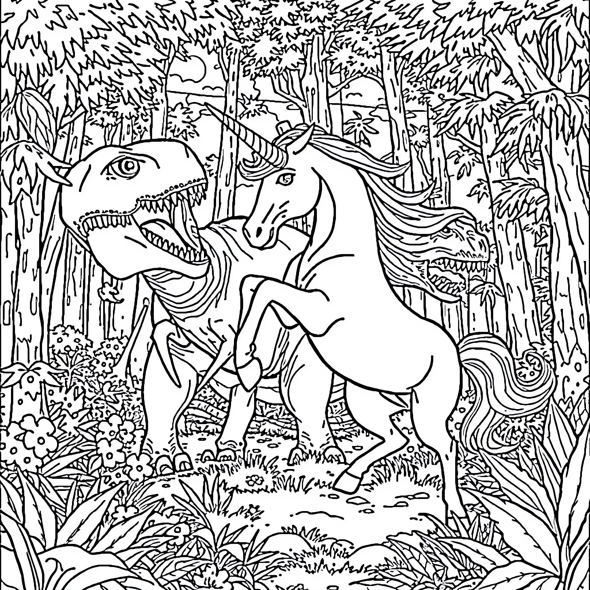 Unicorn Confrontation in Magical Forest Coloring Page (free black-and-white line drawing printable PDF for all, from beginners to advanced learners, including children, teens, adults, and seniors)