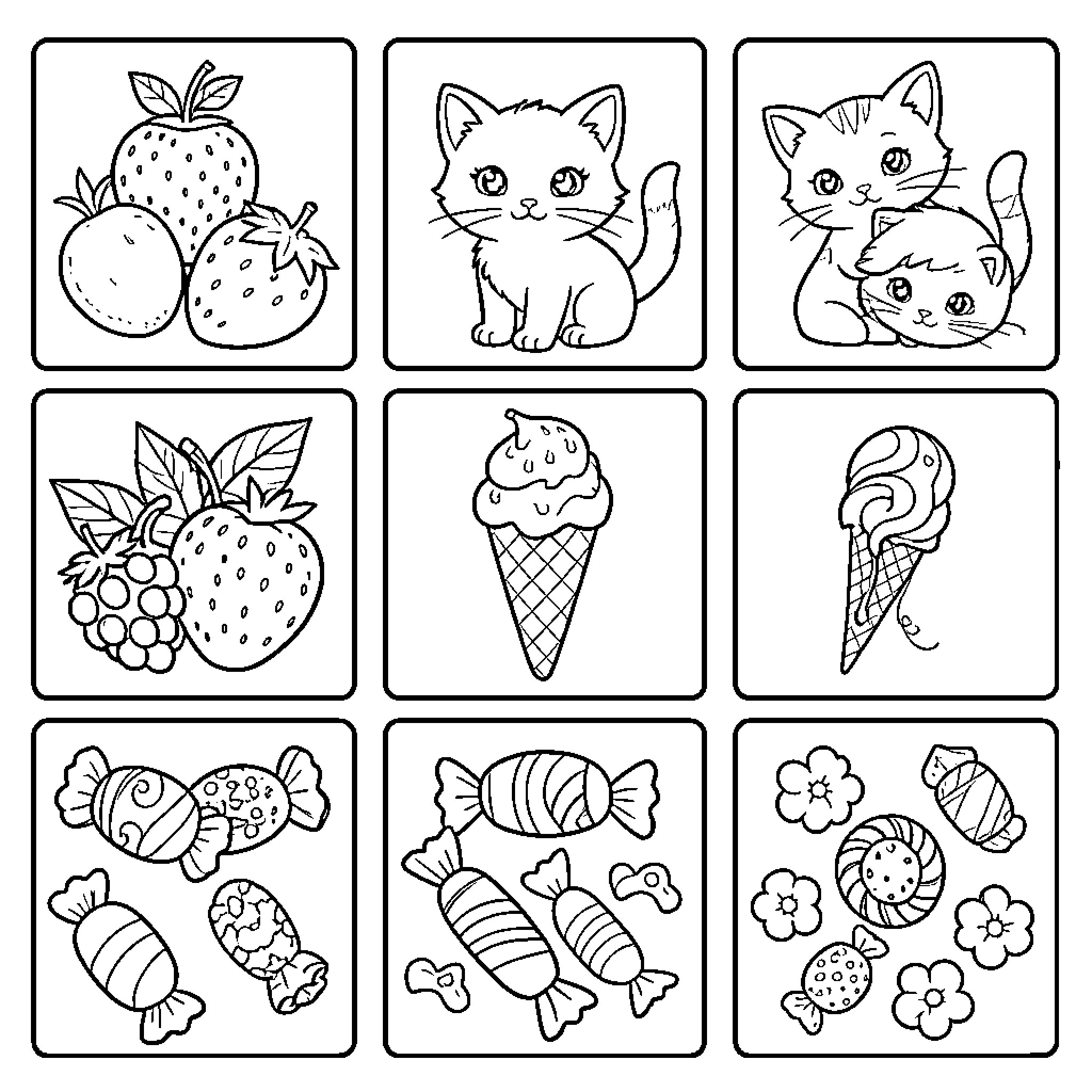 Dibujo de gatos, frutas, helados y dulces variados Coloring Page (free black-and-white line drawing printable PDF for all, from beginners to advanced learners, including children, teens, adults, and seniors)
