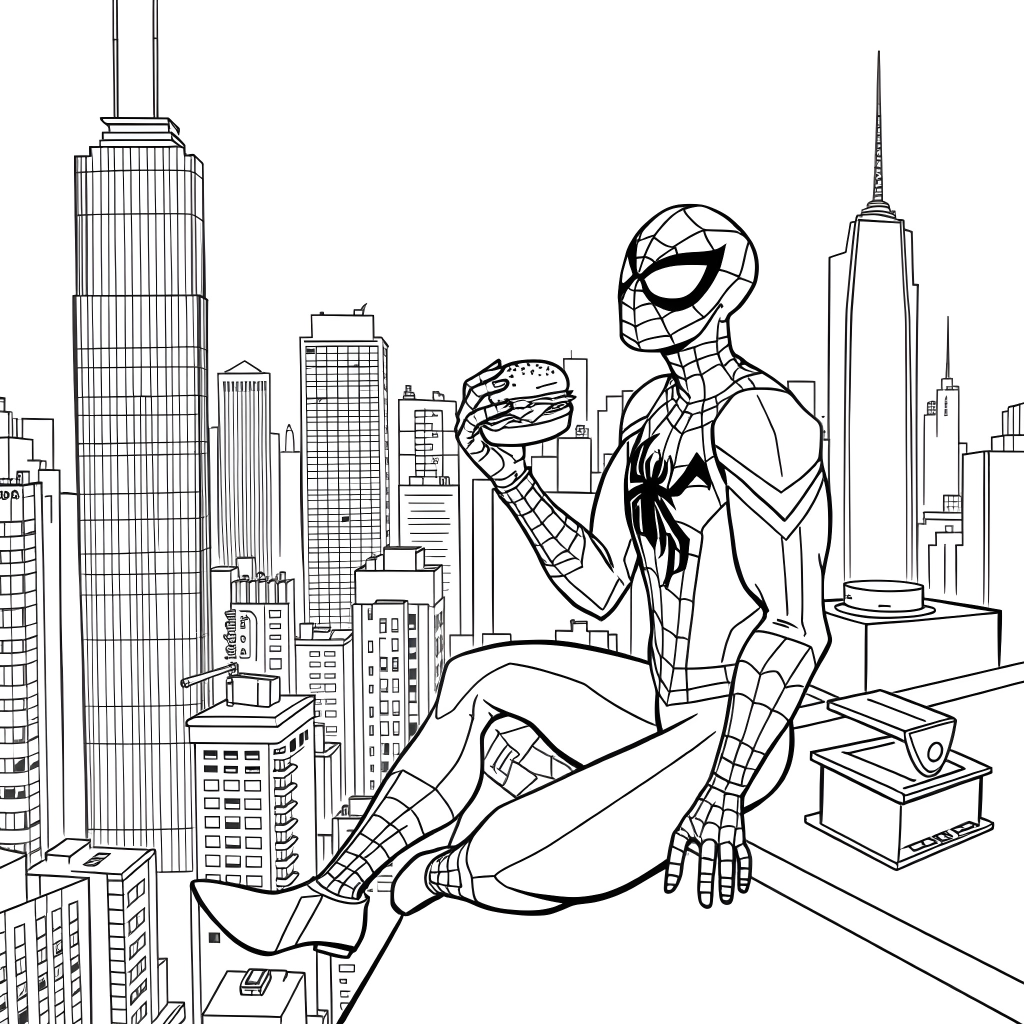 Spiderman overlooking the cityscape Coloring Page (free black-and-white line drawing printable PDF for all, from beginners to advanced learners, including children, teens, adults, and seniors)
