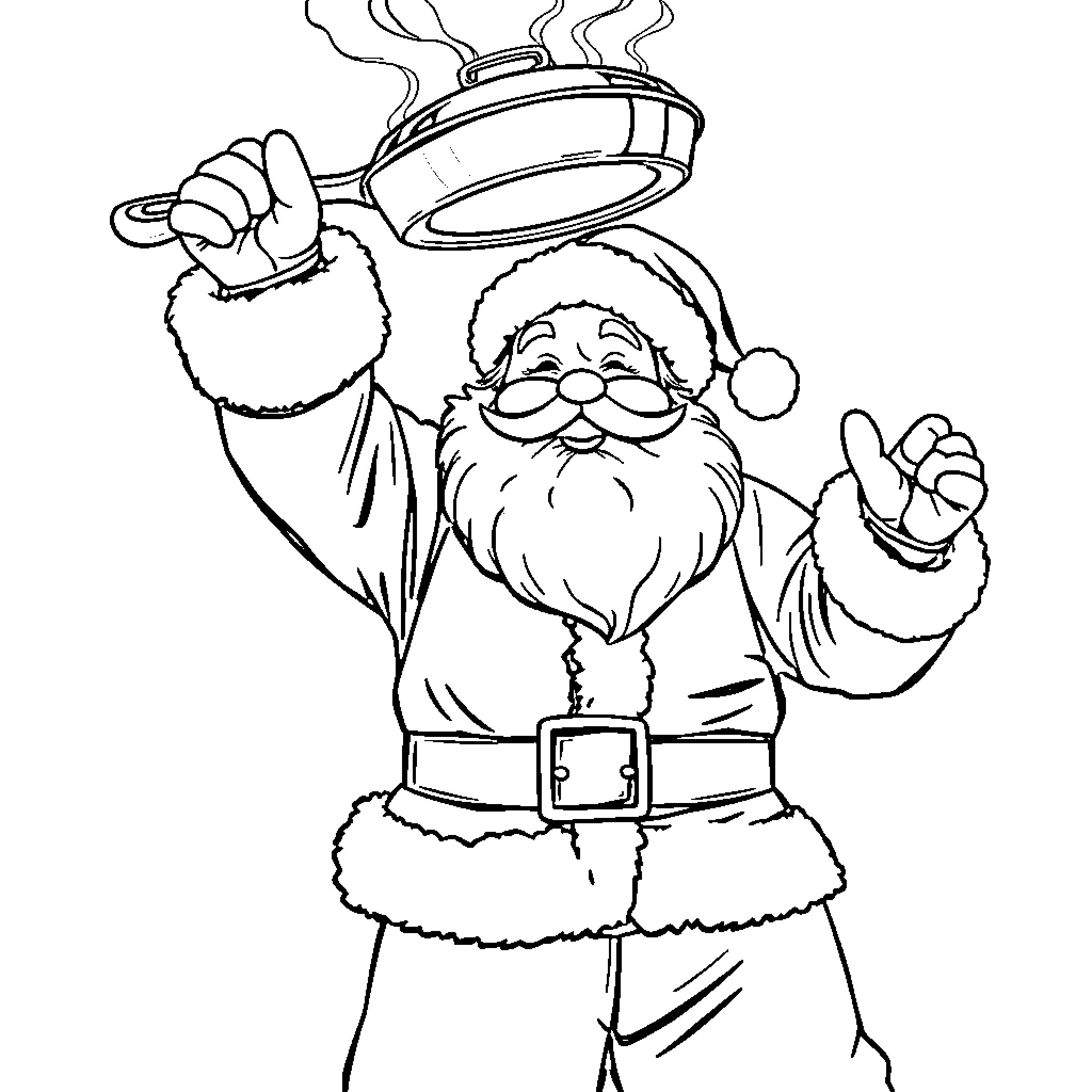 Santa Claus Cooking Festive Meal Coloring Page (free black-and-white line drawing printable PDF for all, from beginners to advanced learners, including children, teens, adults, and seniors)