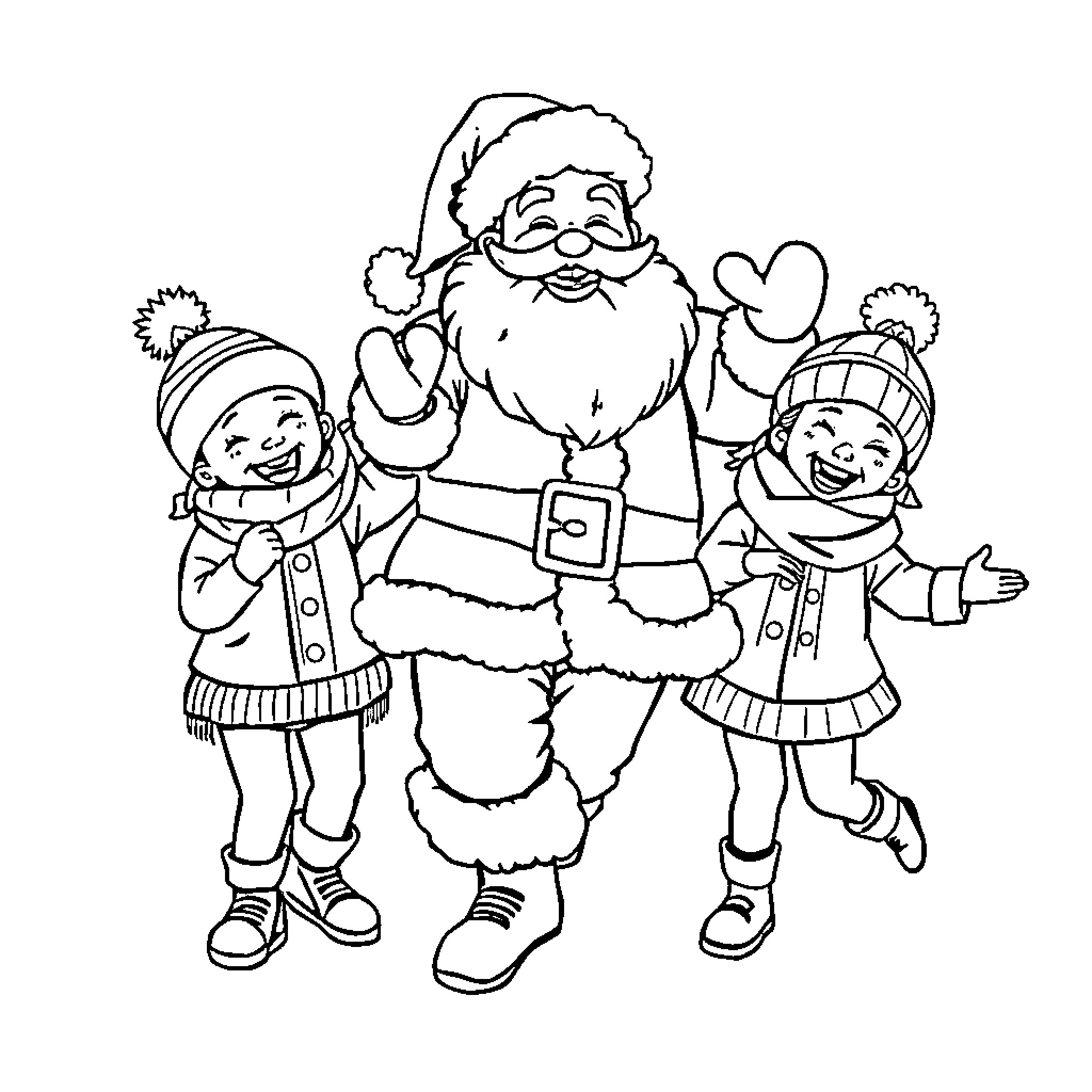 Père Noël celebrates with joyful children Coloring Page (free black-and-white line drawing printable PDF for all, from beginners to advanced learners, including children, teens, adults, and seniors)