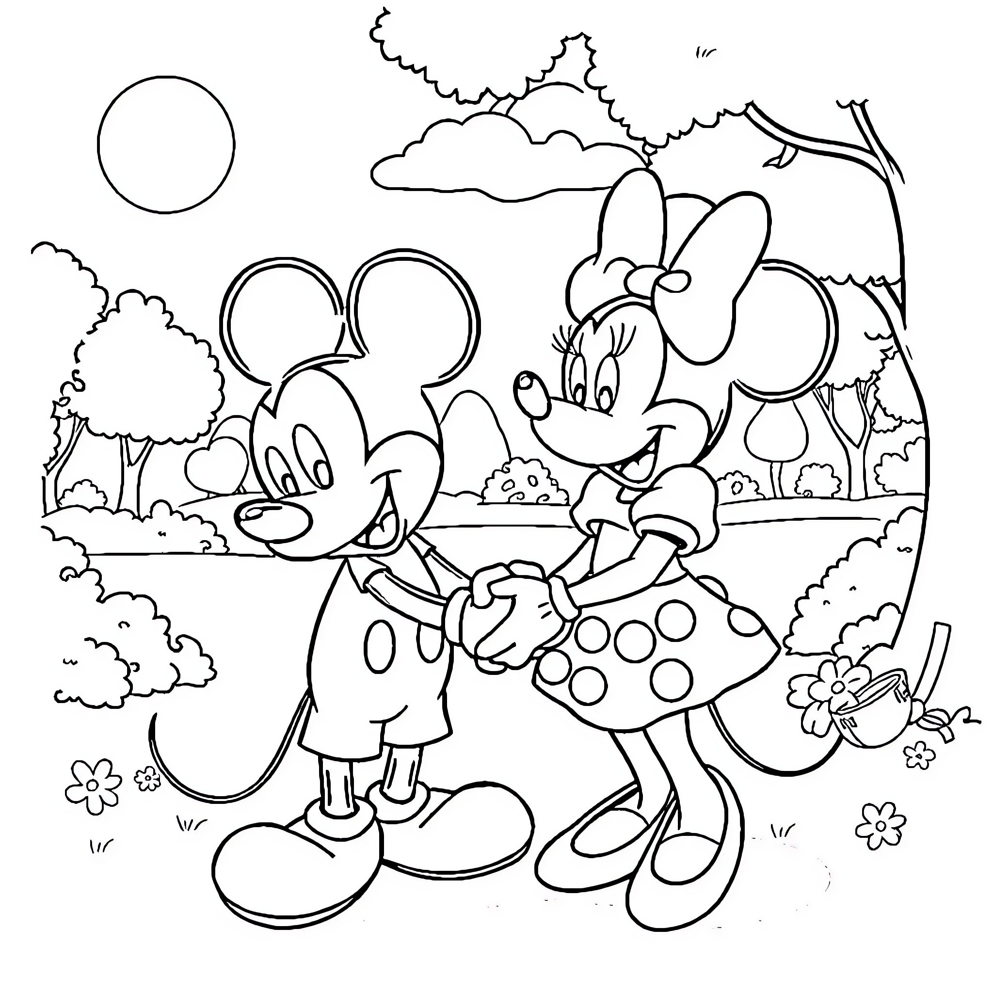 Mickey Mouse and Minnie Mouse in a Playful Outdoor Scene Coloring Page (free black-and-white line drawing printable PDF for all, from beginners to advanced learners, including children, teens, adults, and seniors)