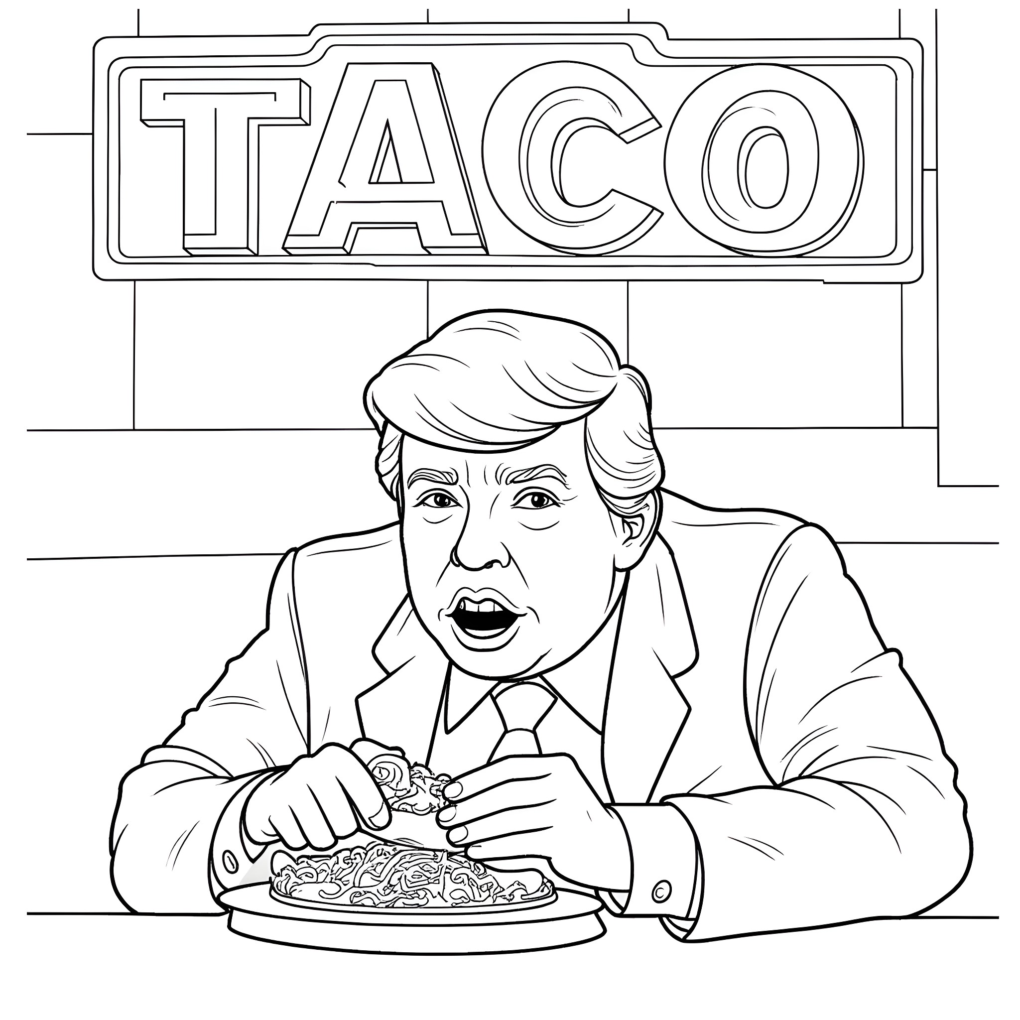 Donald Trump Enjoying a Taco Coloring Page (free black-and-white line drawing printable PDF for all, from beginners to advanced learners, including children, teens, adults, and seniors)