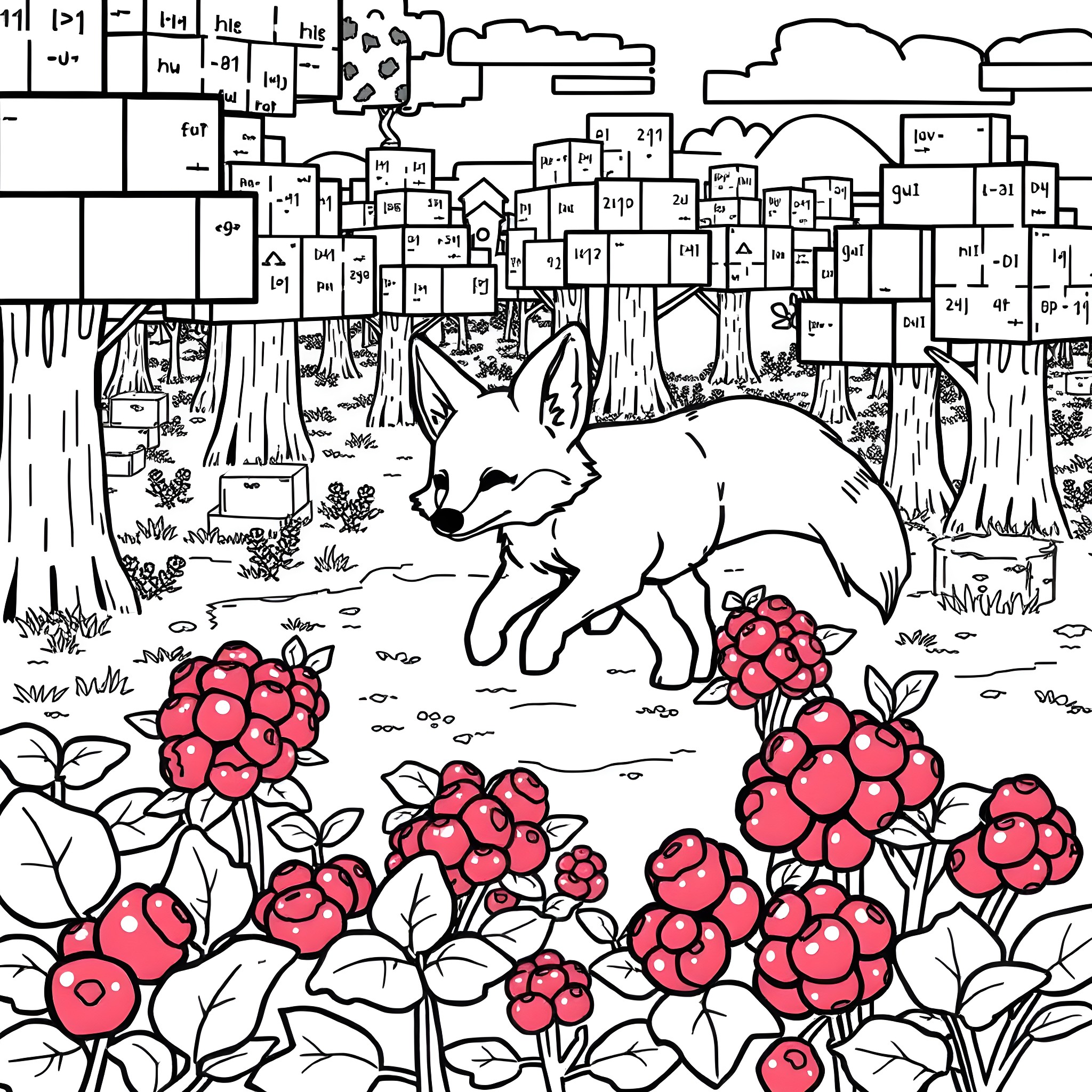 Fox in a vibrant flower field Coloring Page (free black-and-white line drawing printable PDF for all, from beginners to advanced learners, including children, teens, adults, and seniors)