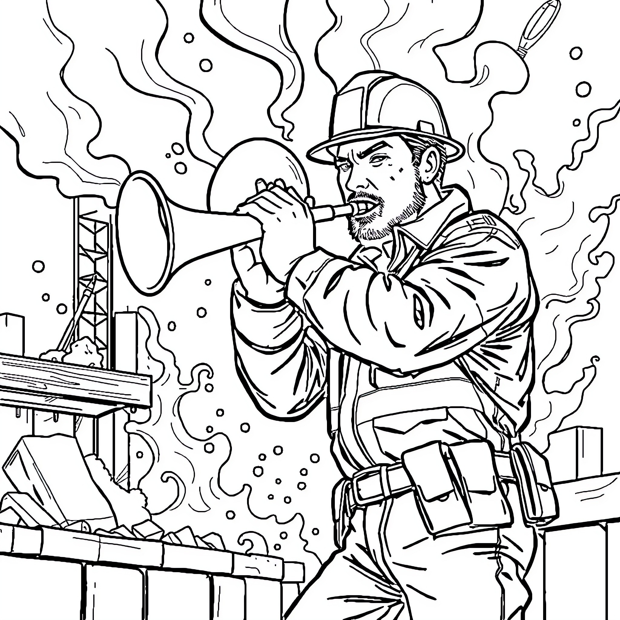 Worker Shouting Forcefully into Megaphone on Construction Site Coloring Page (free black-and-white line drawing printable PDF for all, from beginners to advanced learners, including children, teens, adults, and seniors)