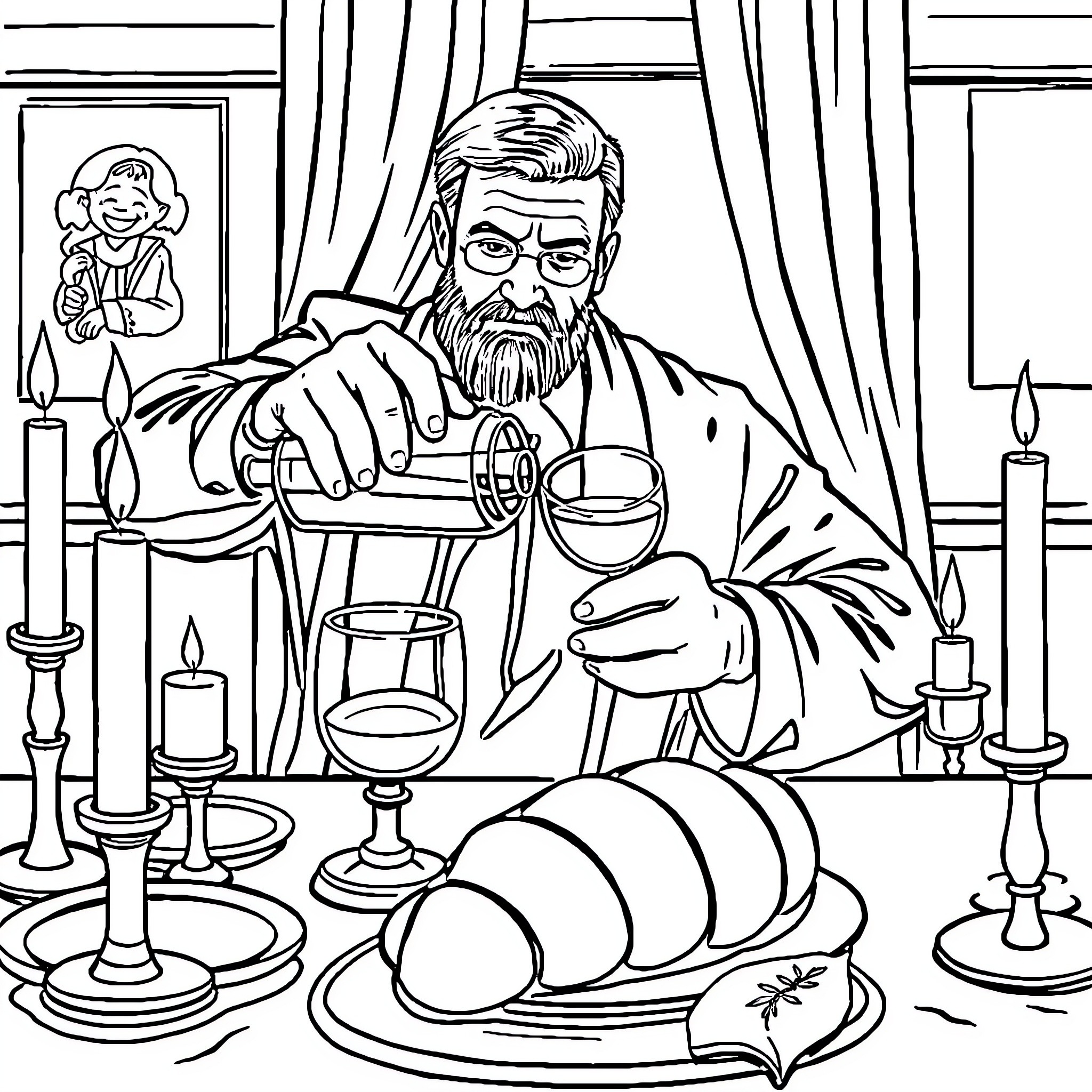 Dad sharing a warm meal with family Coloring Page (free black-and-white line drawing printable PDF for all, from beginners to advanced learners, including children, teens, adults, and seniors)