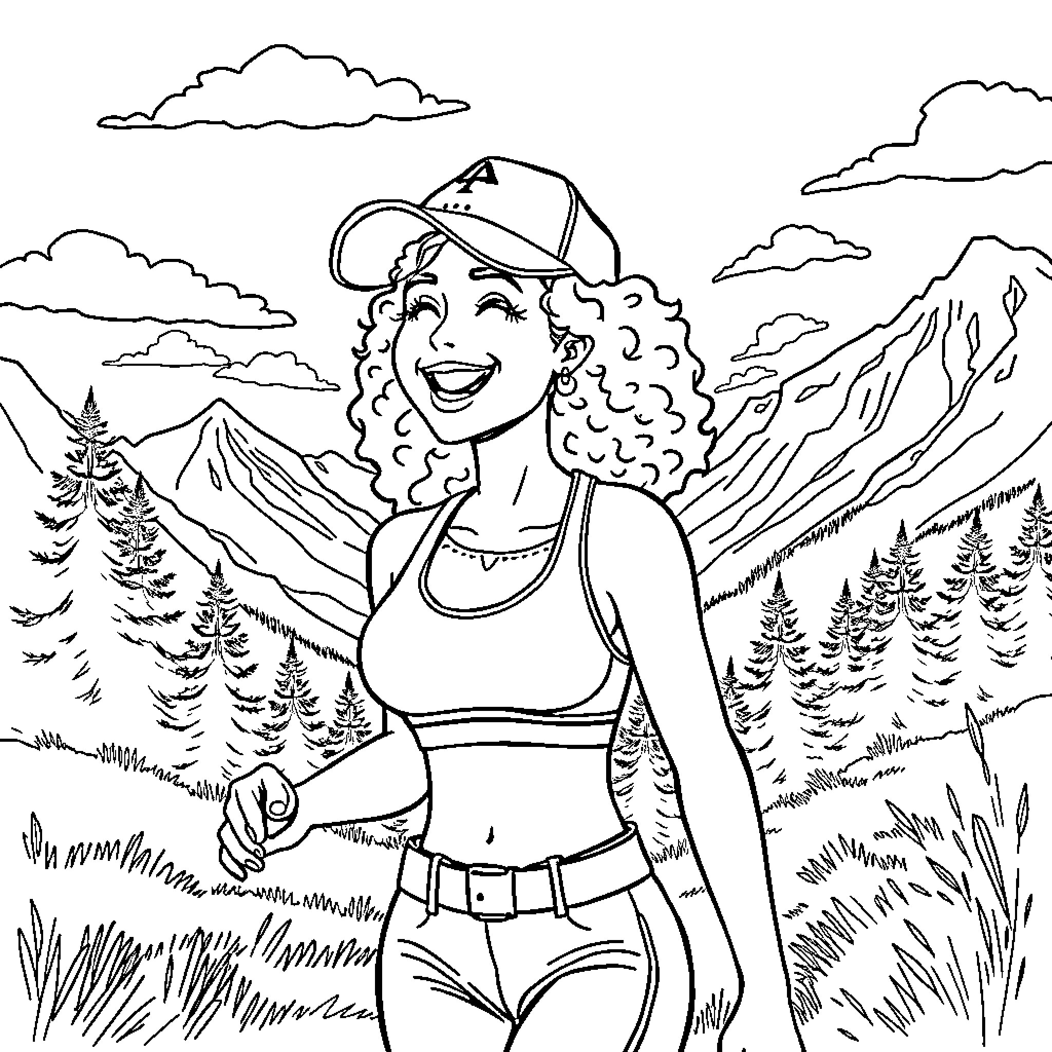 Woman hiking in nature with a cheerful expression Coloring Page (free black-and-white line drawing printable PDF for all, from beginners to advanced learners, including children, teens, adults, and seniors)
