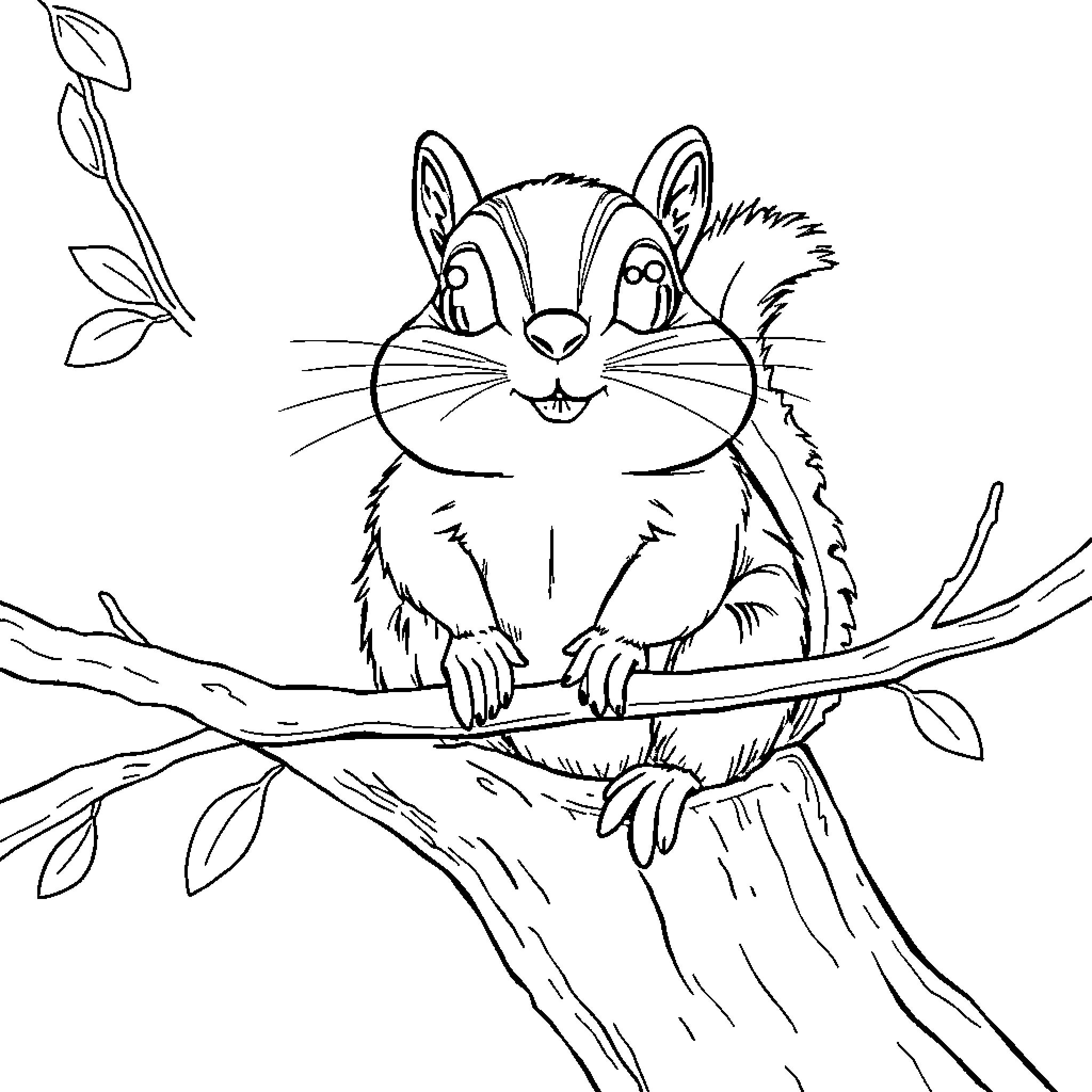 Chipmunk perched on a tree branch Coloring Page (free black-and-white line drawing printable PDF for all, from beginners to advanced learners, including children, teens, adults, and seniors)