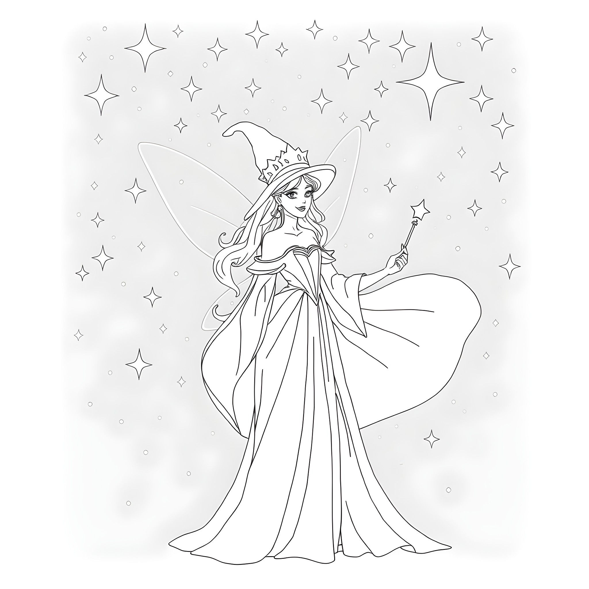 Fairy Godmother waving her magic wand in the starry night Coloring Page (free black-and-white line drawing printable PDF for all, from beginners to advanced learners, including children, teens, adults, and seniors)
