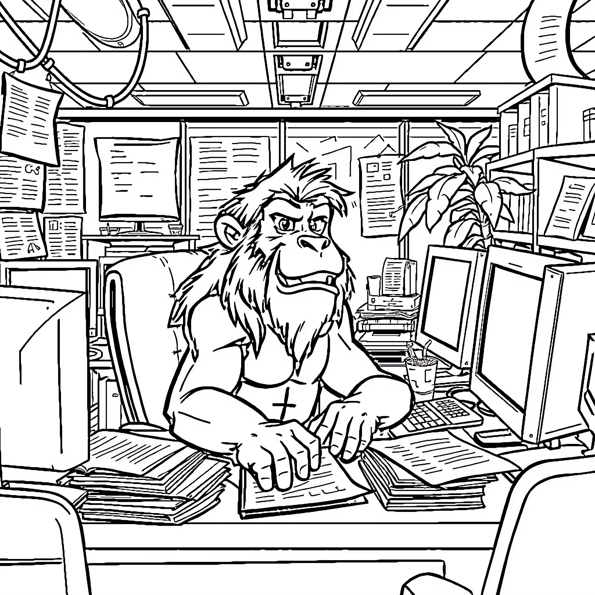 Tarzan Working Diligently in His Office Workspace Coloring Page (free black-and-white line drawing printable PDF for all, from beginners to advanced learners, including children, teens, adults, and seniors)