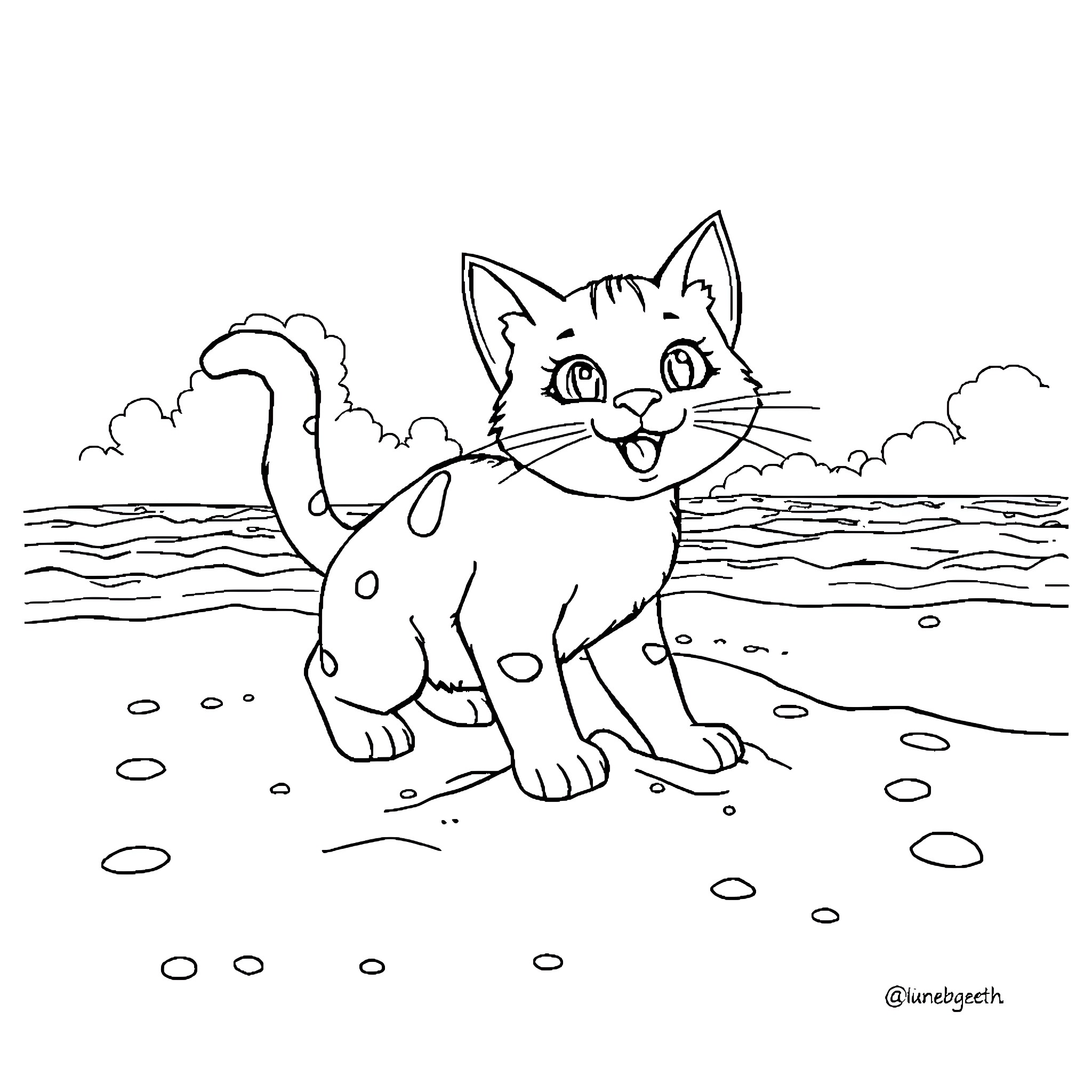 Cat playing by the ocean Coloring Page (free black-and-white line drawing printable PDF for all, from beginners to advanced learners, including children, teens, adults, and seniors)