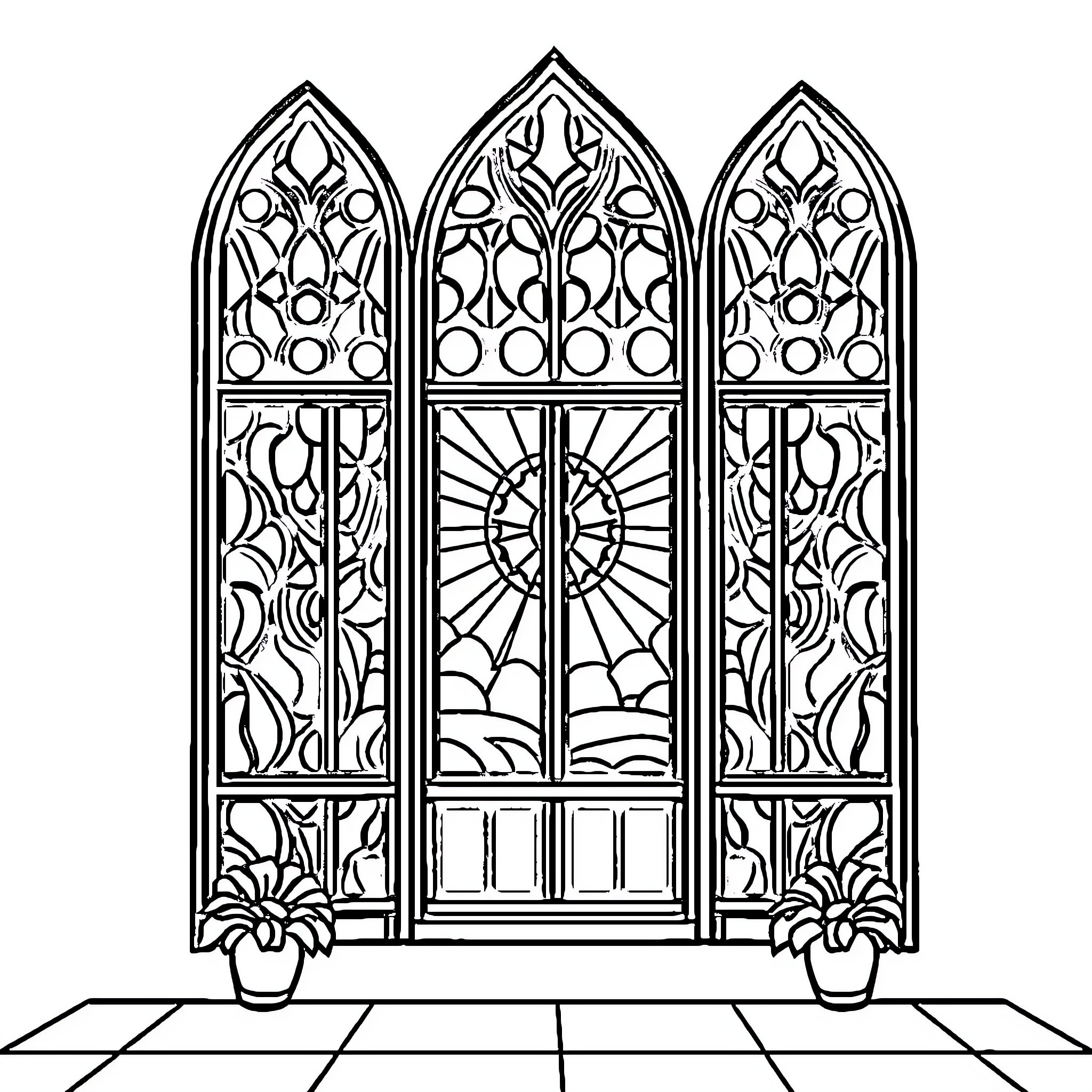 Stained Glass Windows with Intricate Designs Coloring Page (free black-and-white line drawing printable PDF for all, from beginners to advanced learners, including children, teens, adults, and seniors)