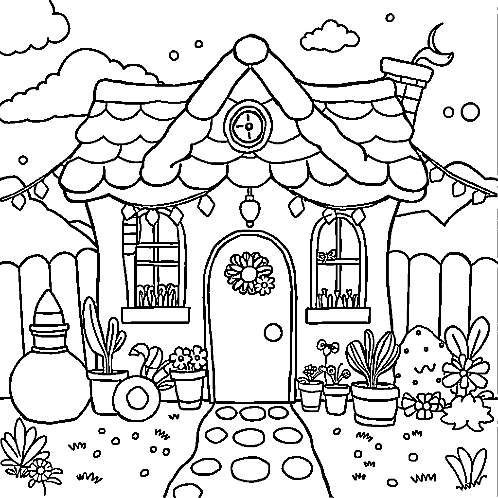 Gabby's Dollhouse: Whimsical cottage with decorative elements Coloring Page (free black-and-white line drawing printable PDF for all, from beginners to advanced learners, including children, teens, adults, and seniors)