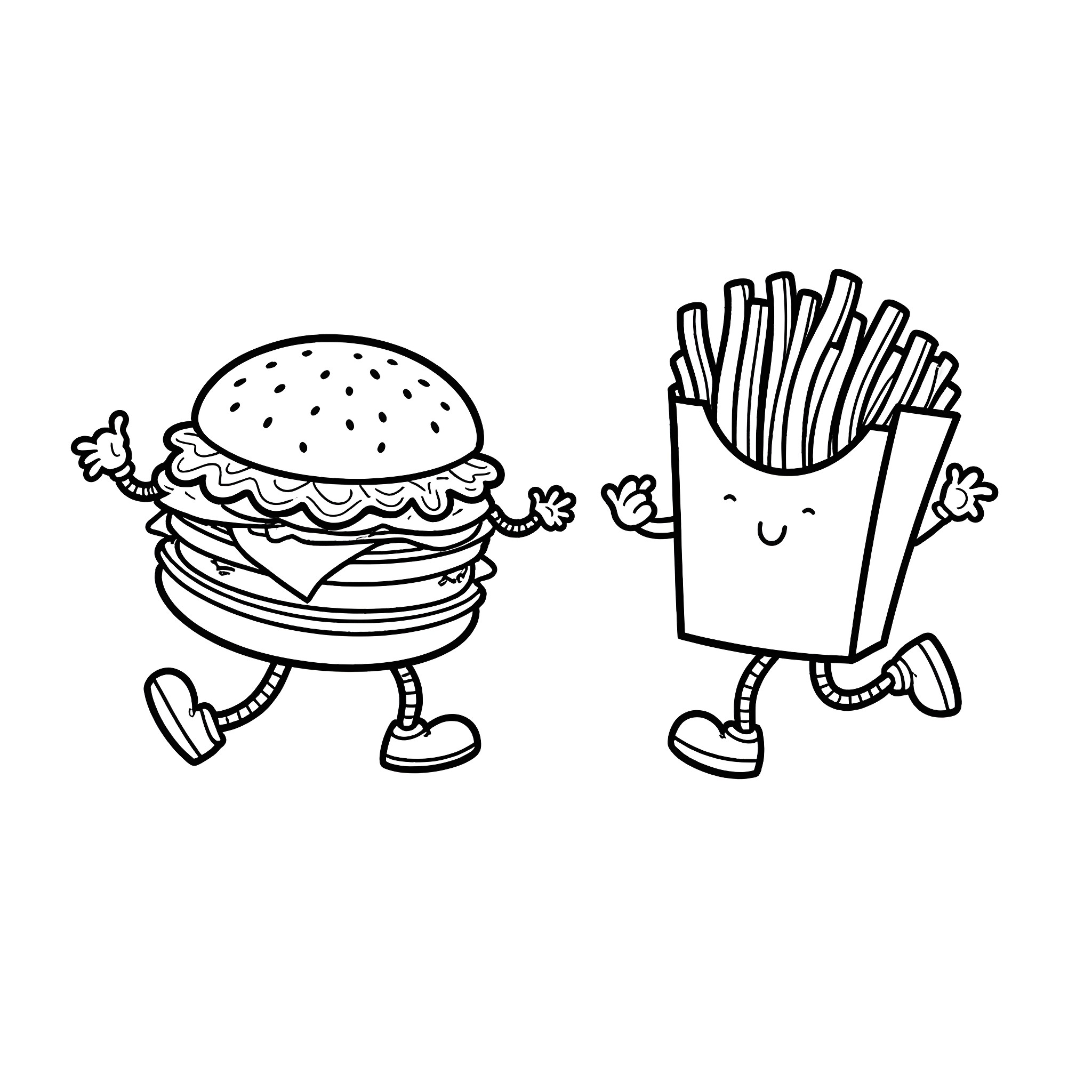 Hamburger and fries racing playfully Coloring Page (free black-and-white line drawing printable PDF for all, from beginners to advanced learners, including children, teens, adults, and seniors)