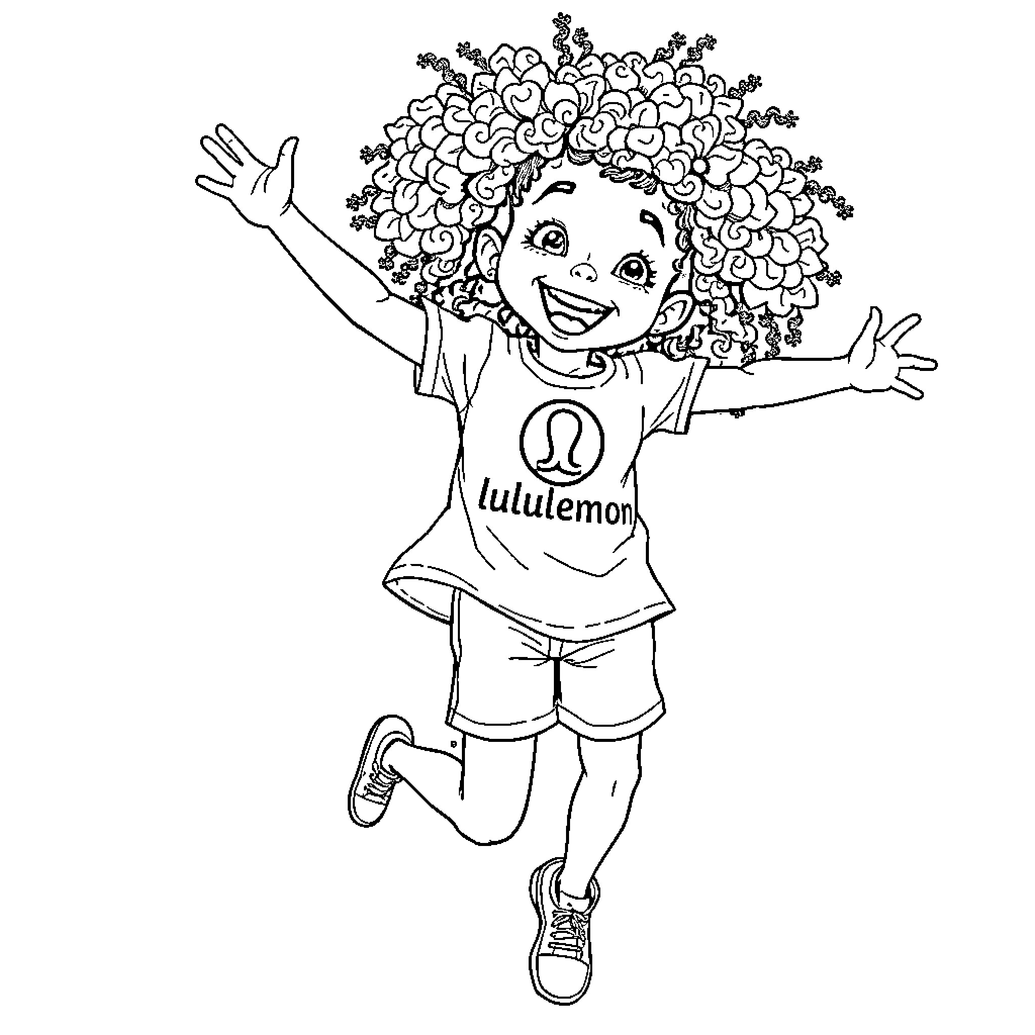 Girl happily jumping in lululemon outfit Coloring Page (free black-and-white line drawing printable PDF for all, from beginners to advanced learners, including children, teens, adults, and seniors)