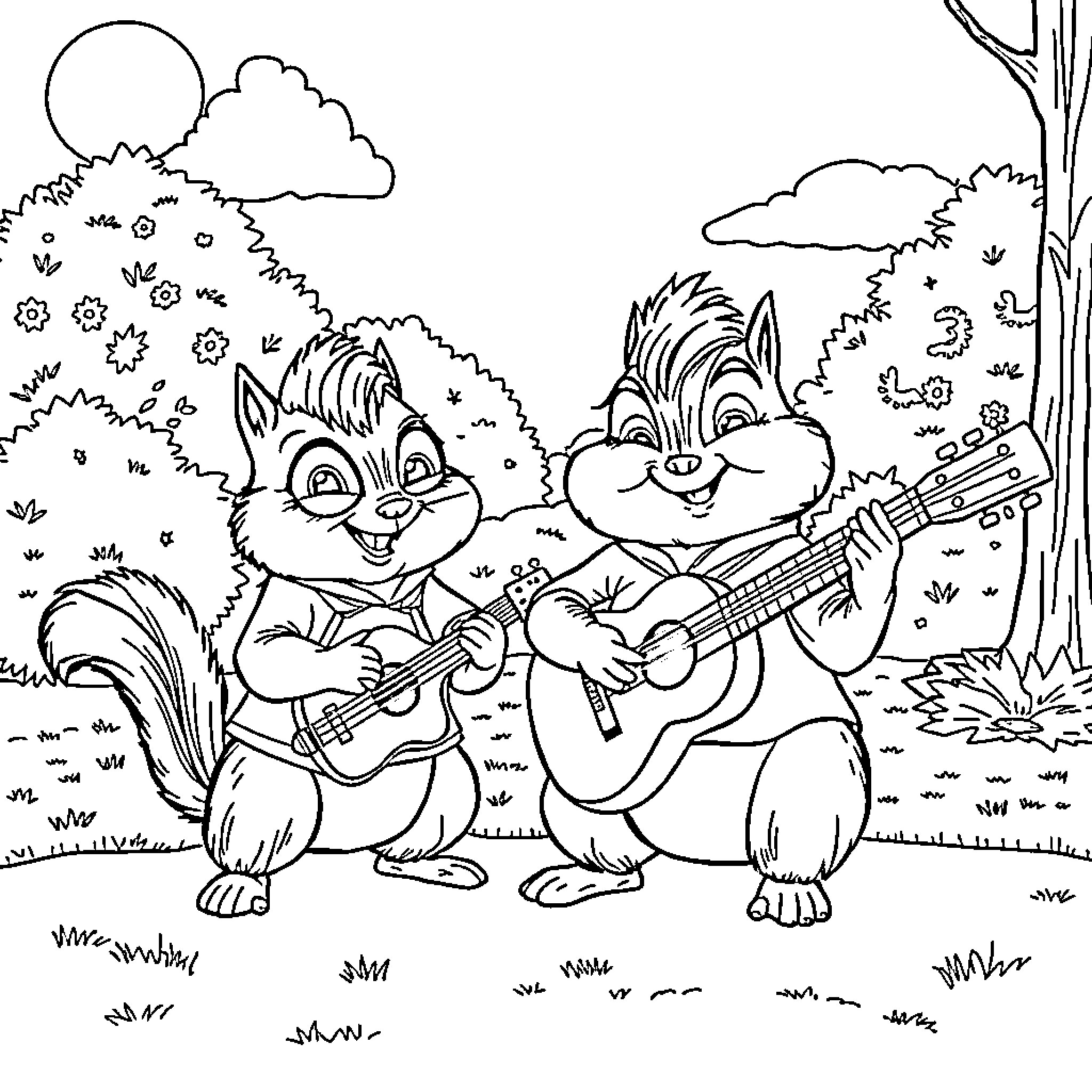 Chipmunks playing guitar in the forest Coloring Page (free black-and-white line drawing printable PDF for all, from beginners to advanced learners, including children, teens, adults, and seniors)
