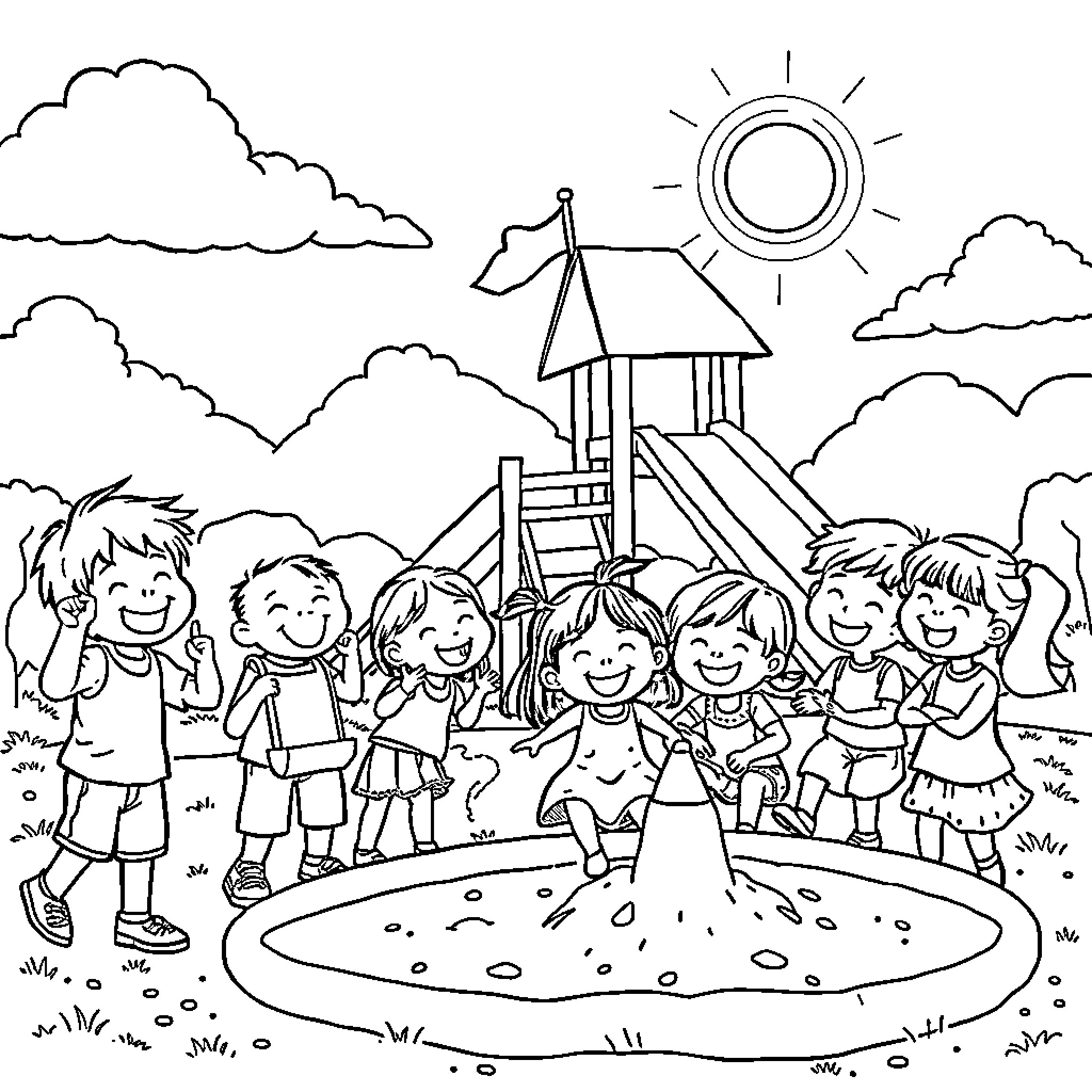 Children playing joyfully at the playground Coloring Page (free black-and-white line drawing printable PDF for all, from beginners to advanced learners, including children, teens, adults, and seniors)