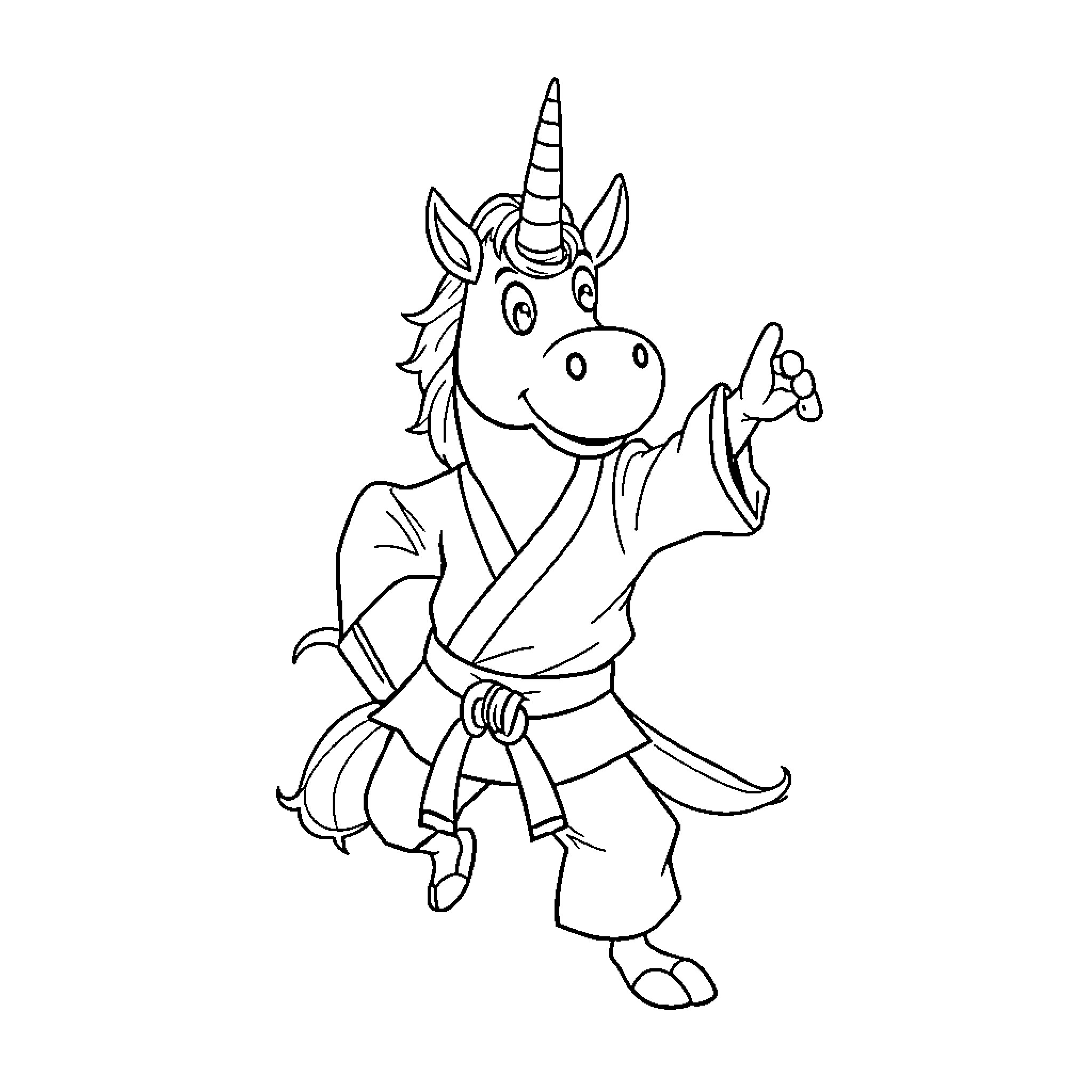 Unicorn practicing martial arts in a kimono Coloring Page (free black-and-white line drawing printable PDF for all, from beginners to advanced learners, including children, teens, adults, and seniors)