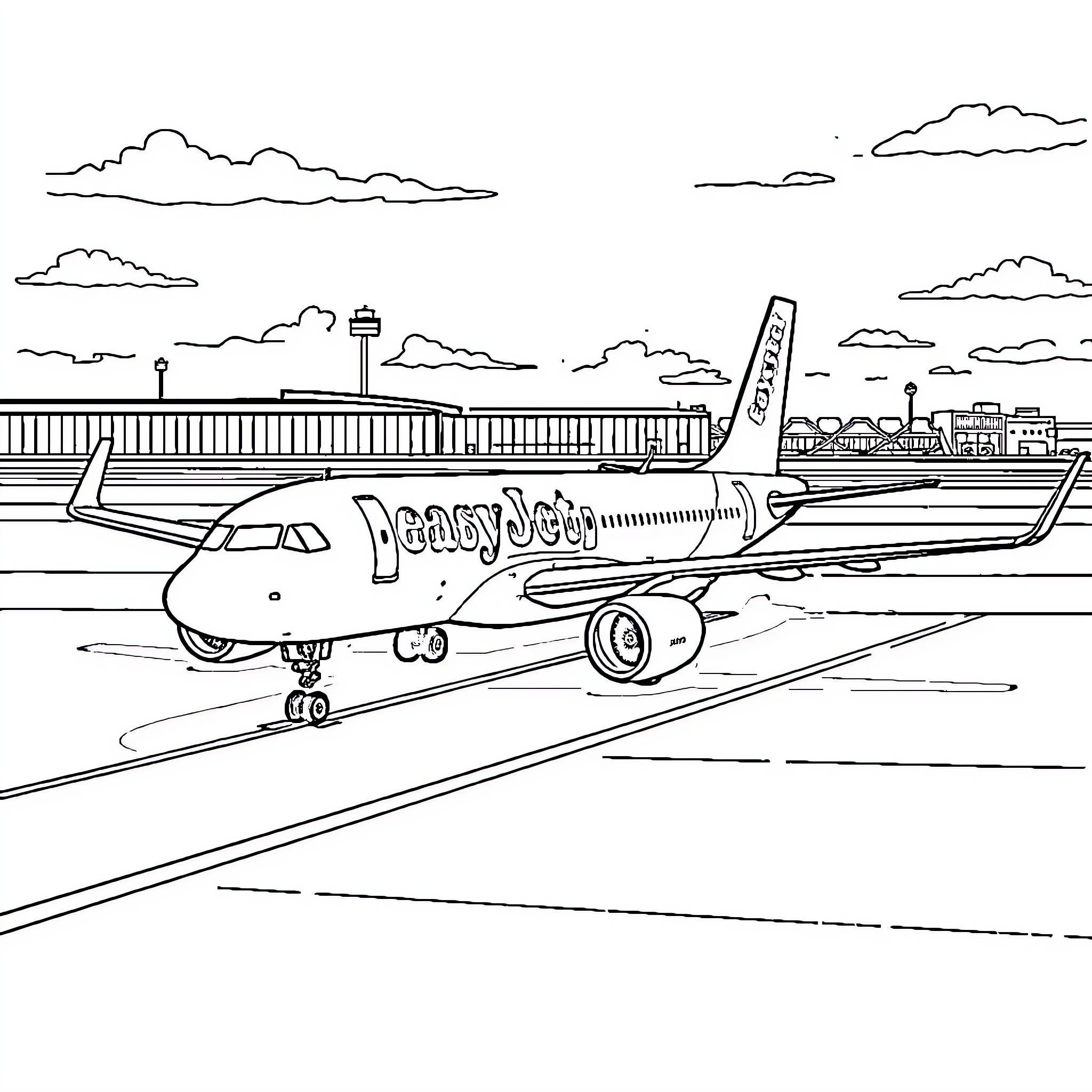 Plane taking off from airport runway Coloring Page (free black-and-white line drawing printable PDF for all, from beginners to advanced learners, including children, teens, adults, and seniors)