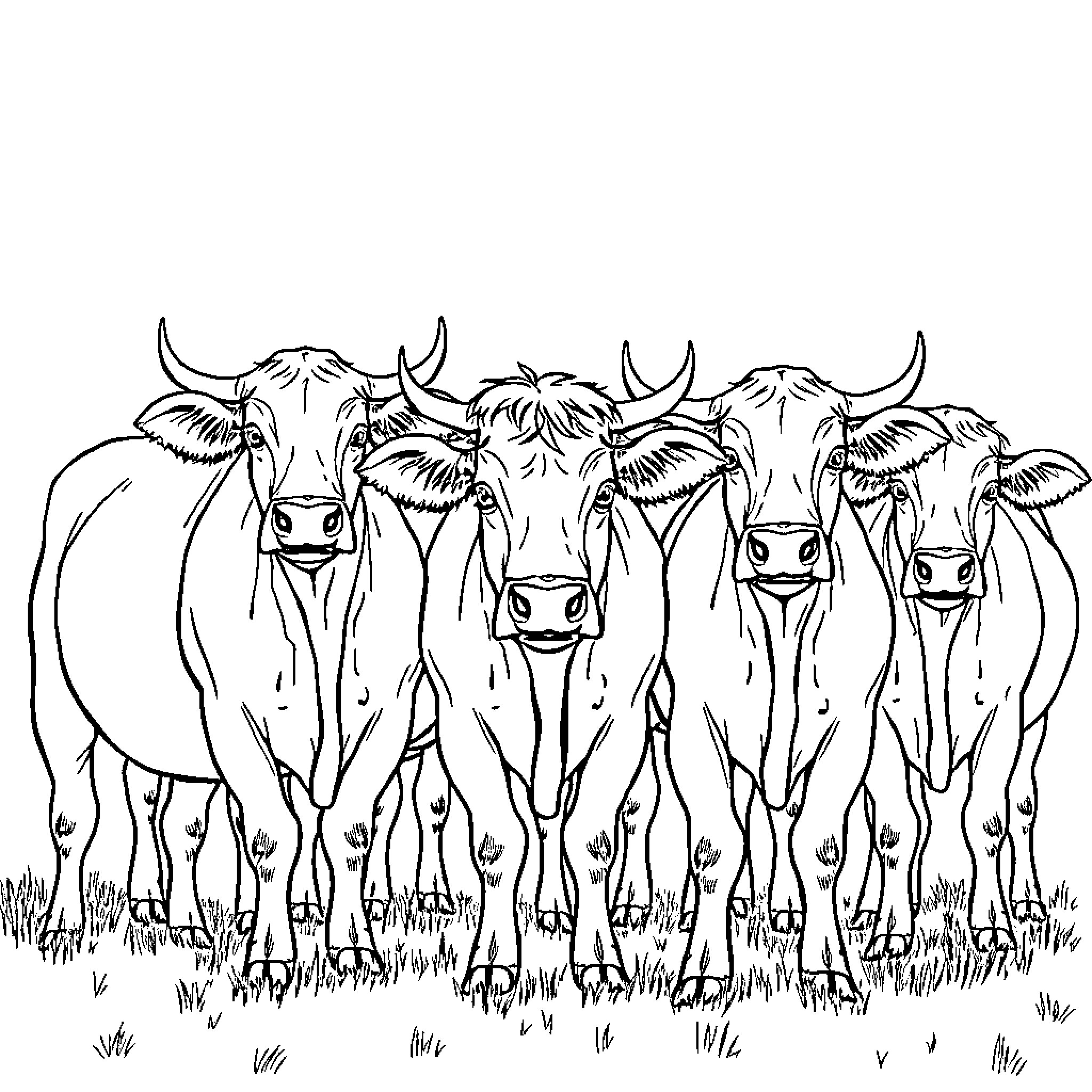 Cattle grazing in a field Coloring Page (free black-and-white line drawing printable PDF for all, from beginners to advanced learners, including children, teens, adults, and seniors)