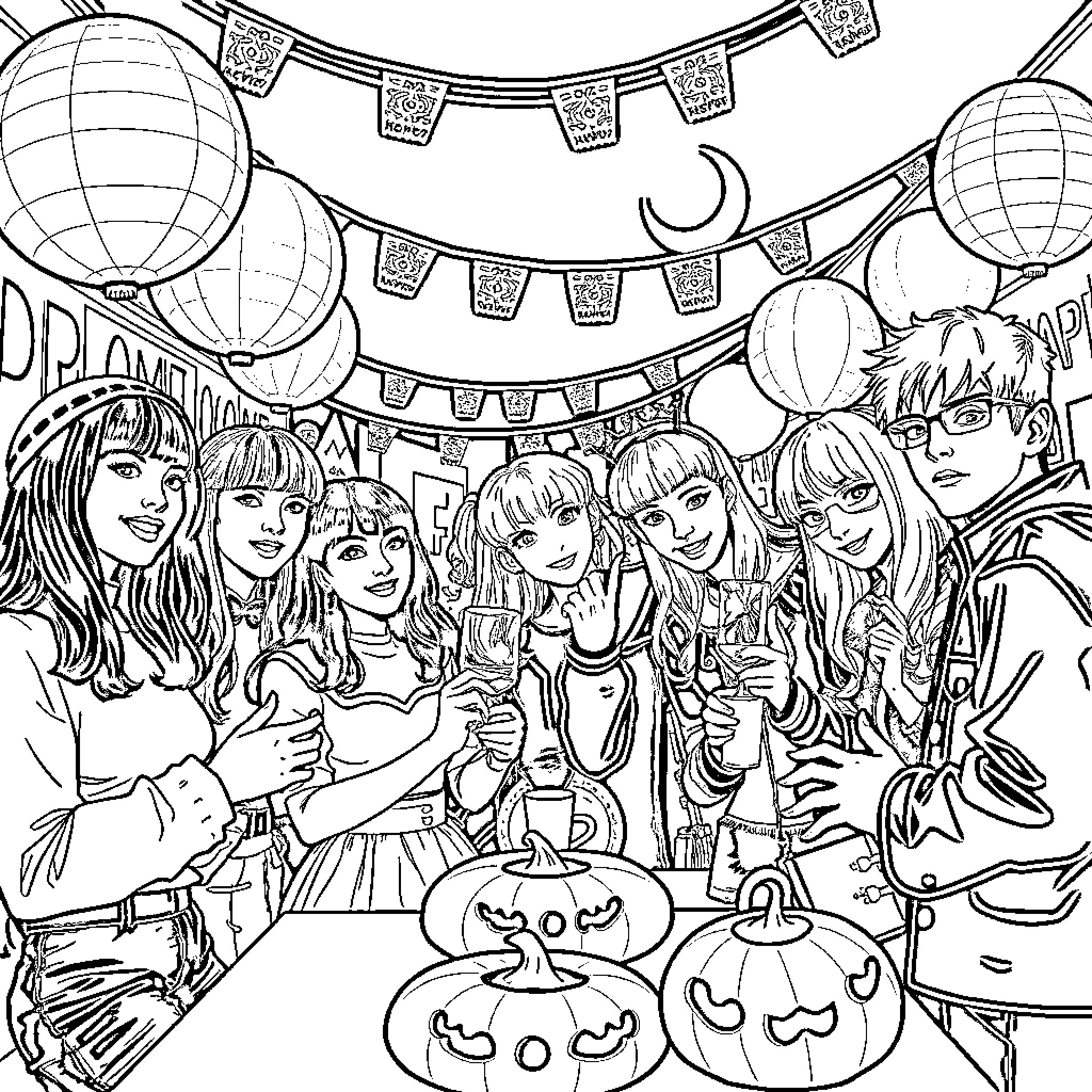 K Pop Group Celebrating Halloween with Festive Decor Coloring Page (free black-and-white line drawing printable PDF for all, from beginners to advanced learners, including children, teens, adults, and seniors)